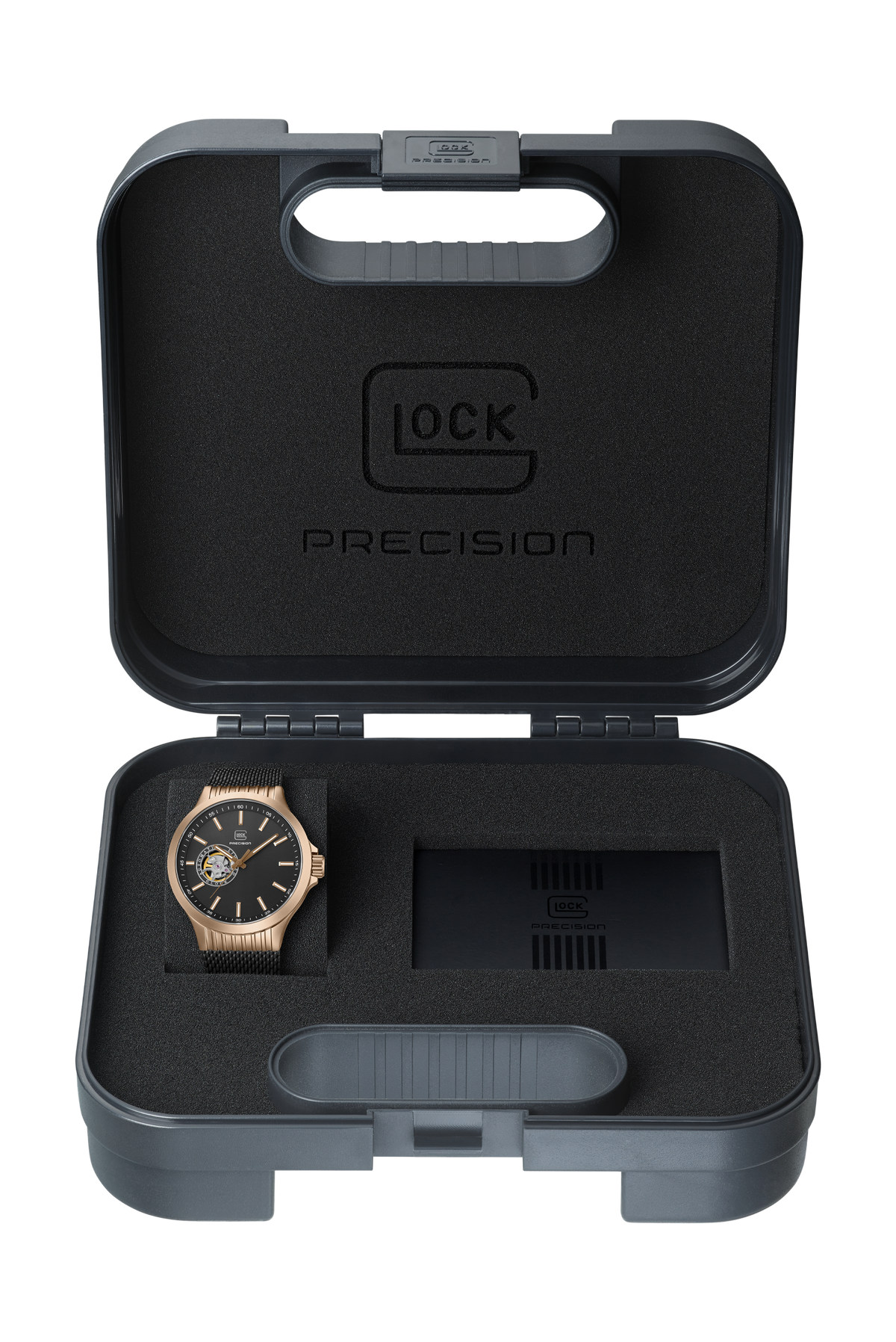 GLOCK Open Heart Automatic Watch in Coyote Steel, Black Dial, Black Bracelet