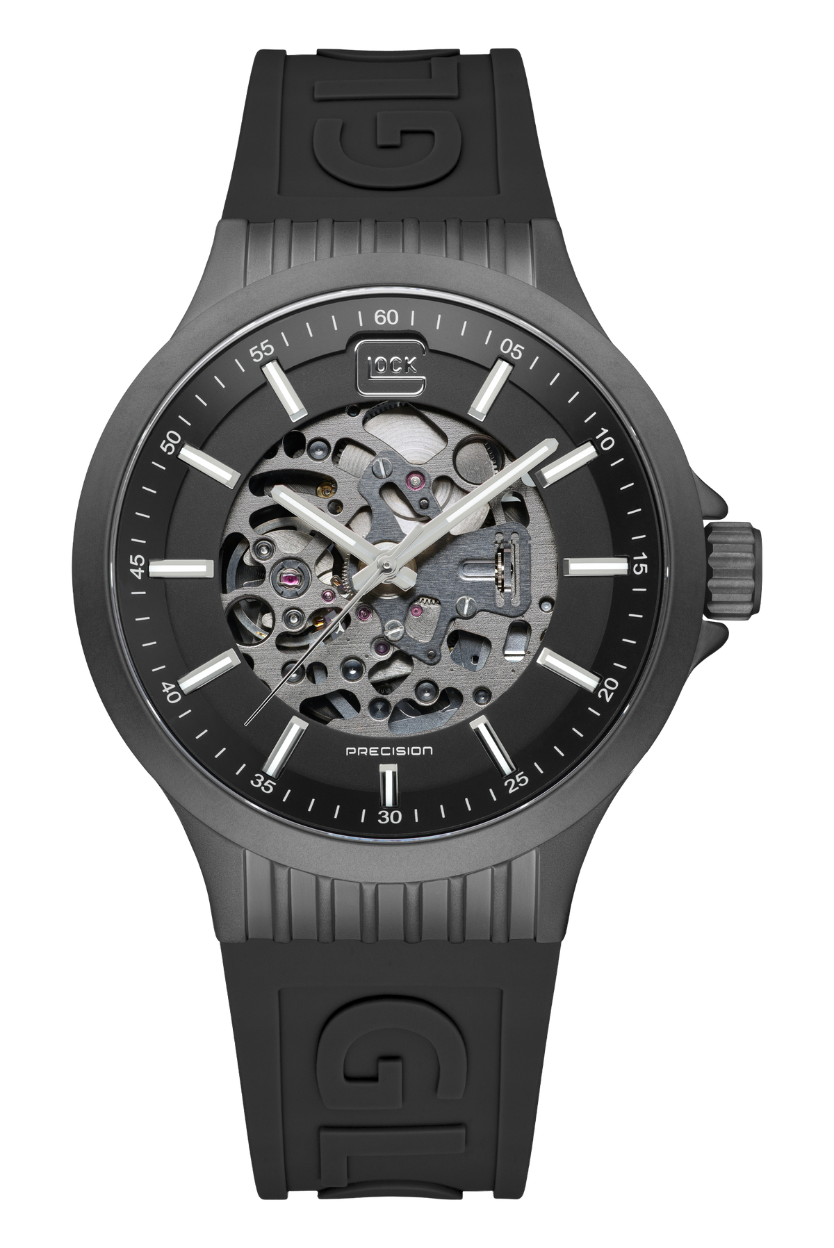 GLOCK Skeleton Automatic Watch in Gunmetal Steel, Gunmetal Dial, Black Strap