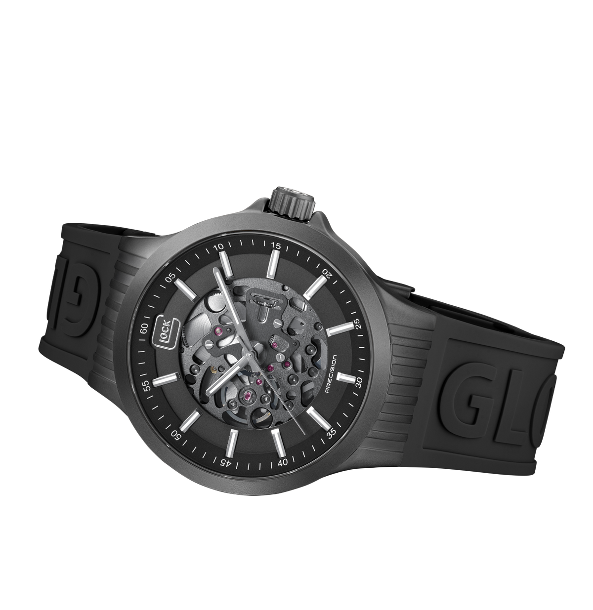 GLOCK Skeleton Automatic Watch in Gunmetal Steel, Gunmetal Dial, Black Strap