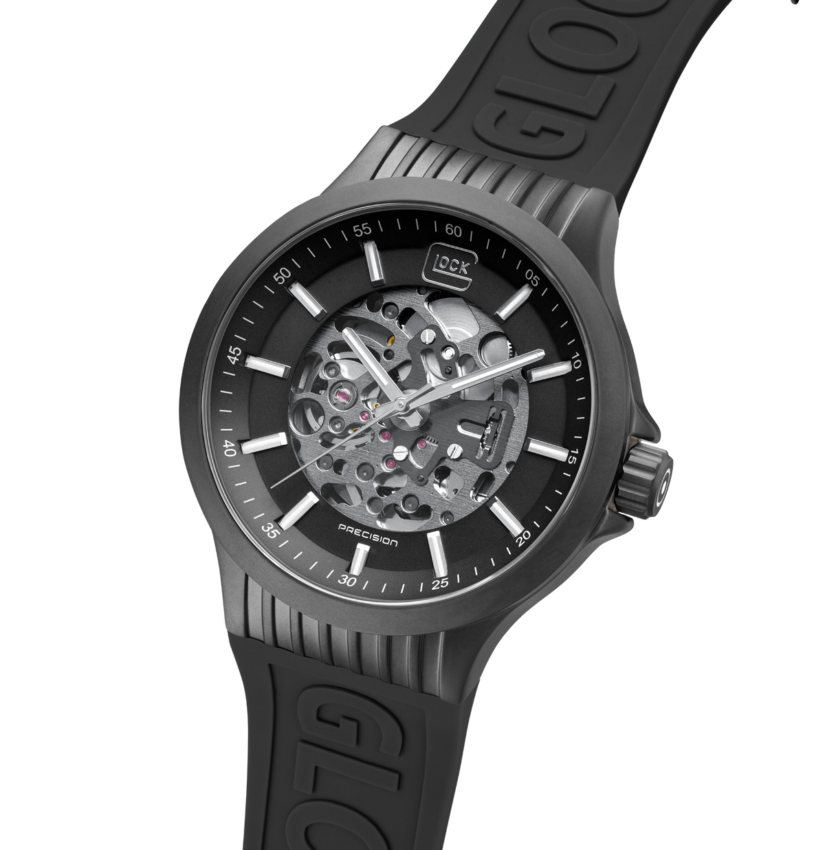 GLOCK Skeleton Automatic Watch in Gunmetal Steel, Gunmetal Dial, Black Strap