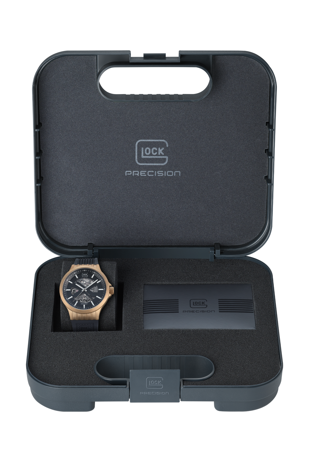 GLOCK Skeleton Automatic Watch in Coyote Steel, Black Dial, Black Strap