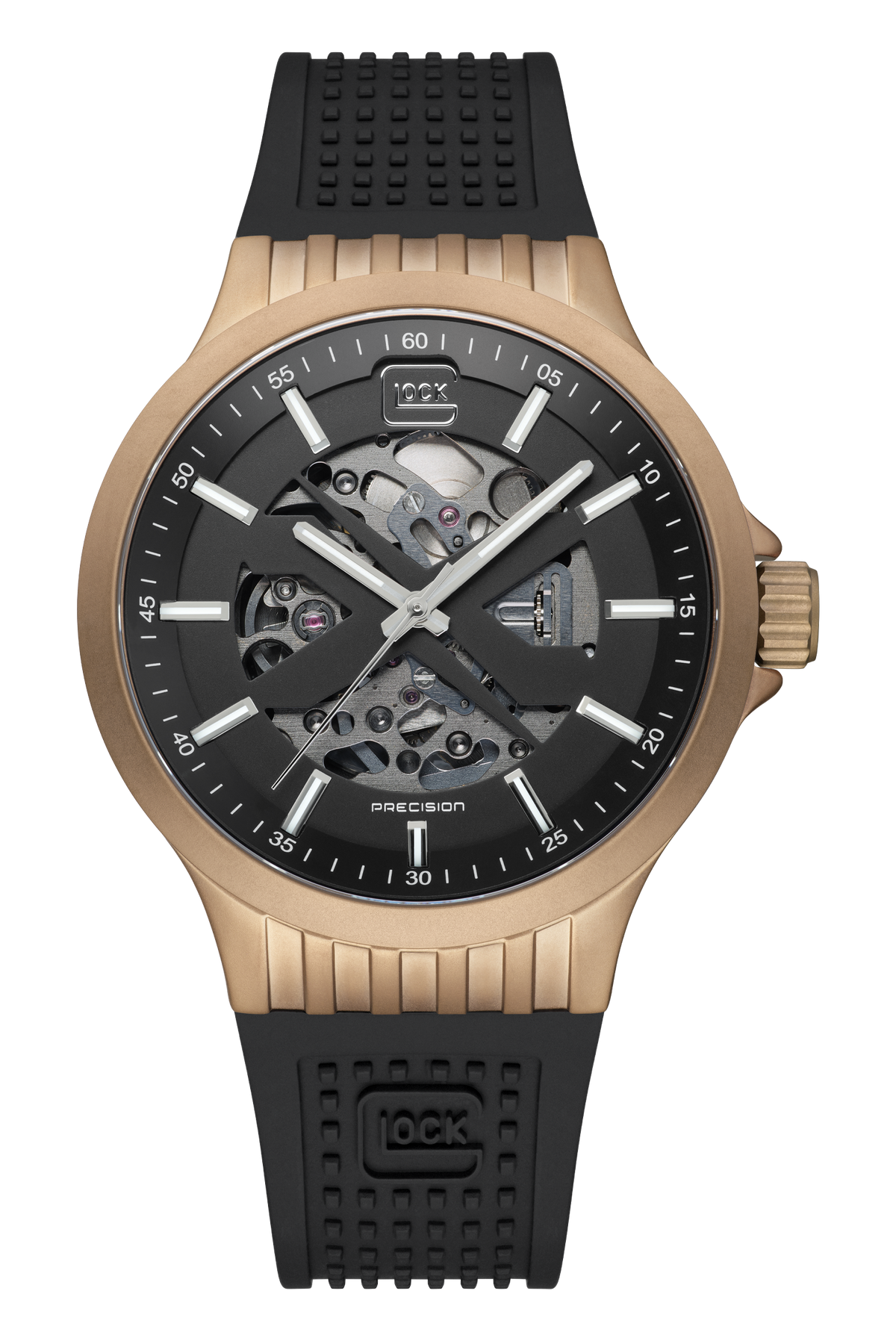GLOCK Skeleton Automatic Watch in Coyote Steel, Black Dial, Black Strap
