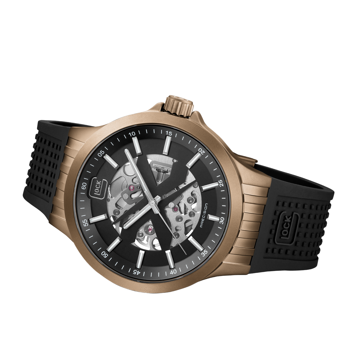 GLOCK Skeleton Automatic Watch in Coyote Steel, Black Dial, Black Strap