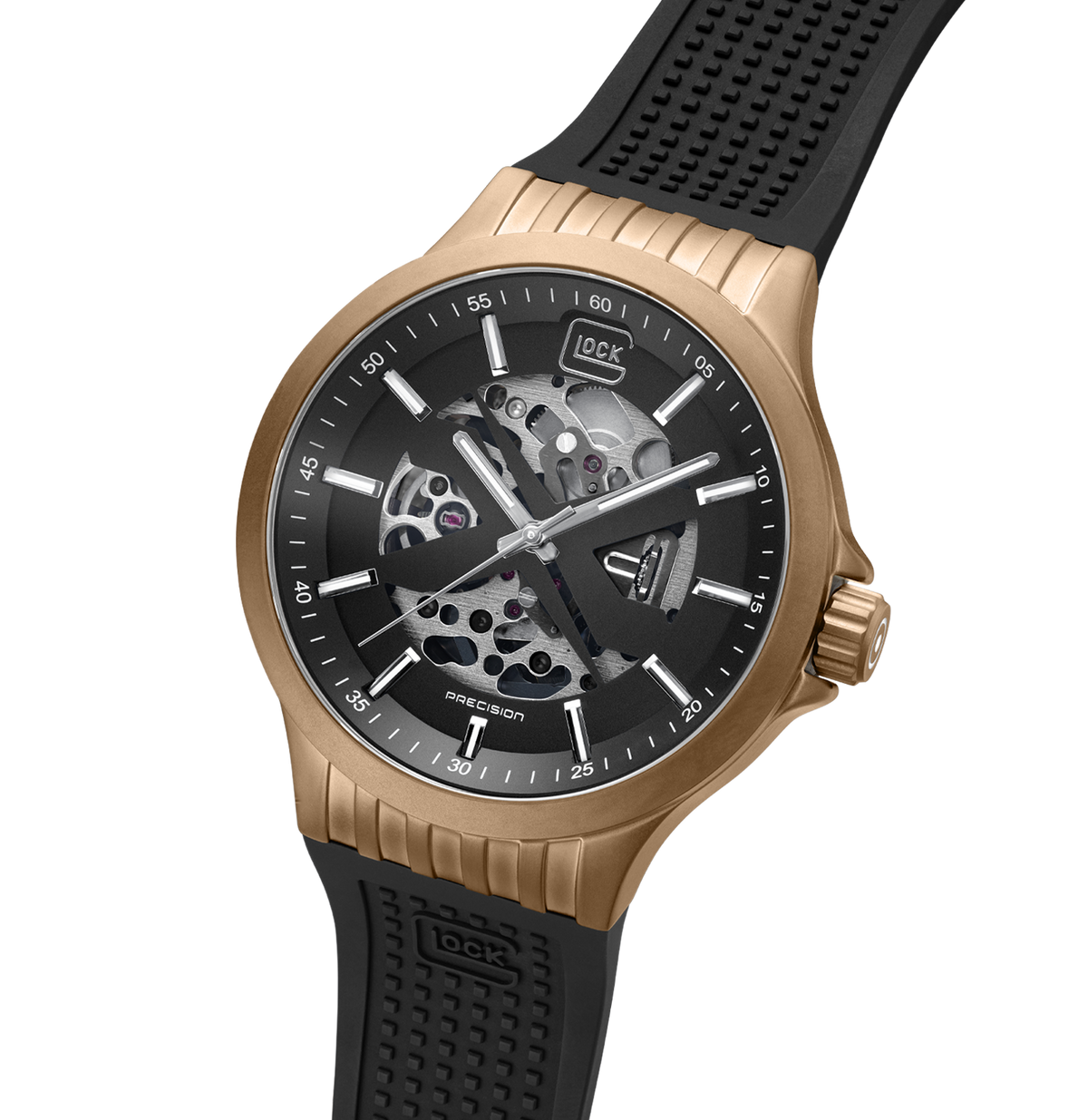 GLOCK Skeleton Automatic Watch in Coyote Steel, Black Dial, Black Strap