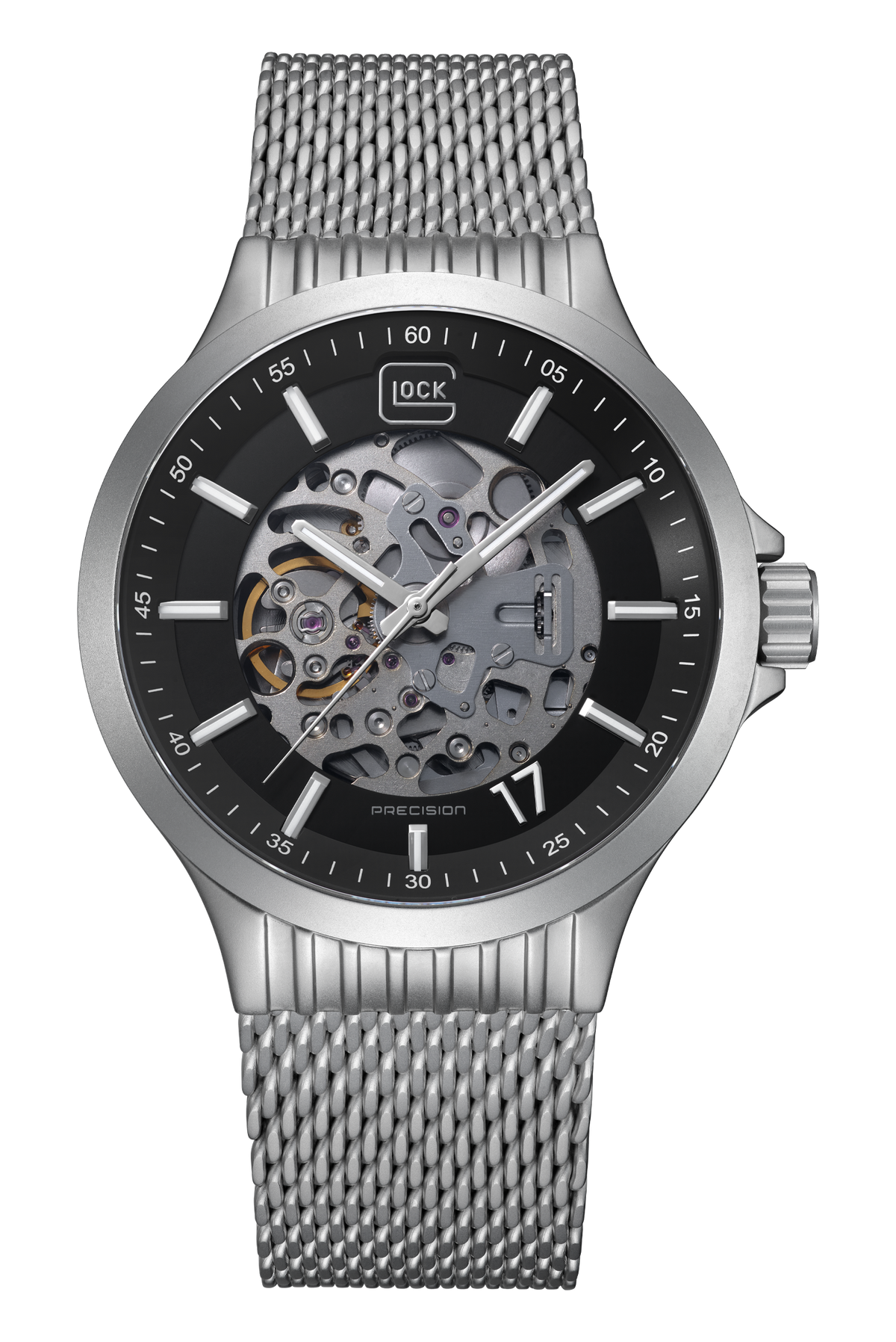 GLOCK Skeleton Automatic Watch in Stainless Steel, Black Dial, Silver-Tone Strap