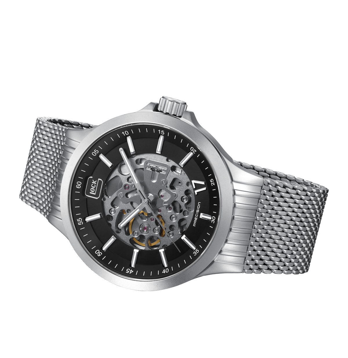 GLOCK Skeleton Automatic Watch in Stainless Steel, Black Dial, Silver-Tone Strap
