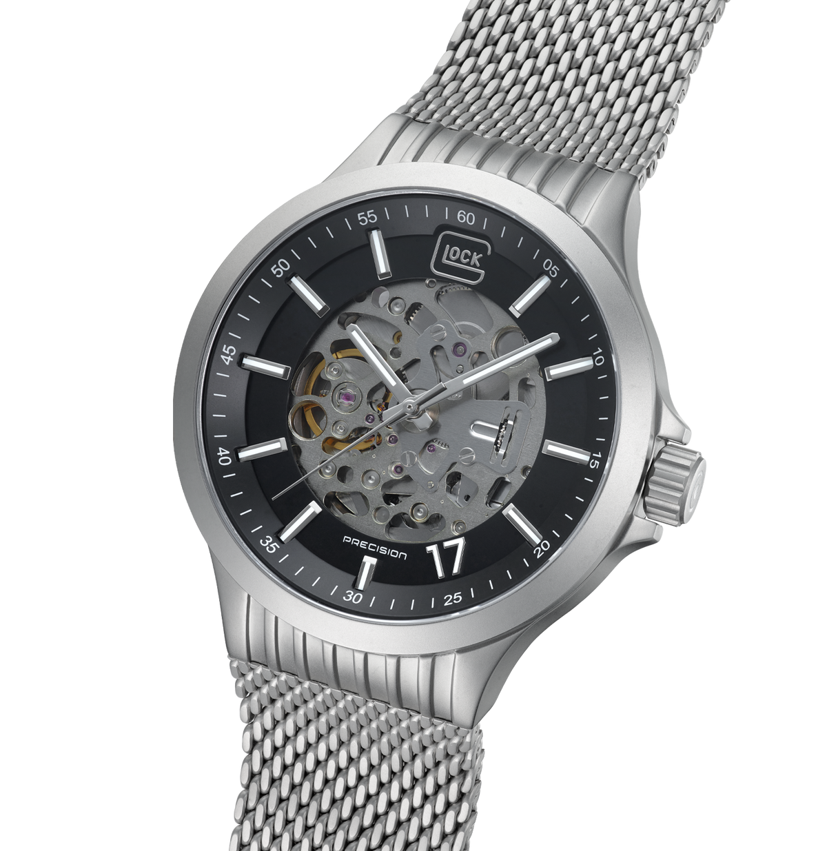 GLOCK Skeleton Automatic Watch in Stainless Steel, Black Dial, Silver-Tone Strap