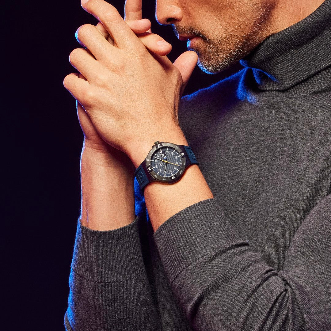 GLOCK Rotating-Bezel Watch in Gunmetal Steel, Blue Dial, Dark Blue Strap