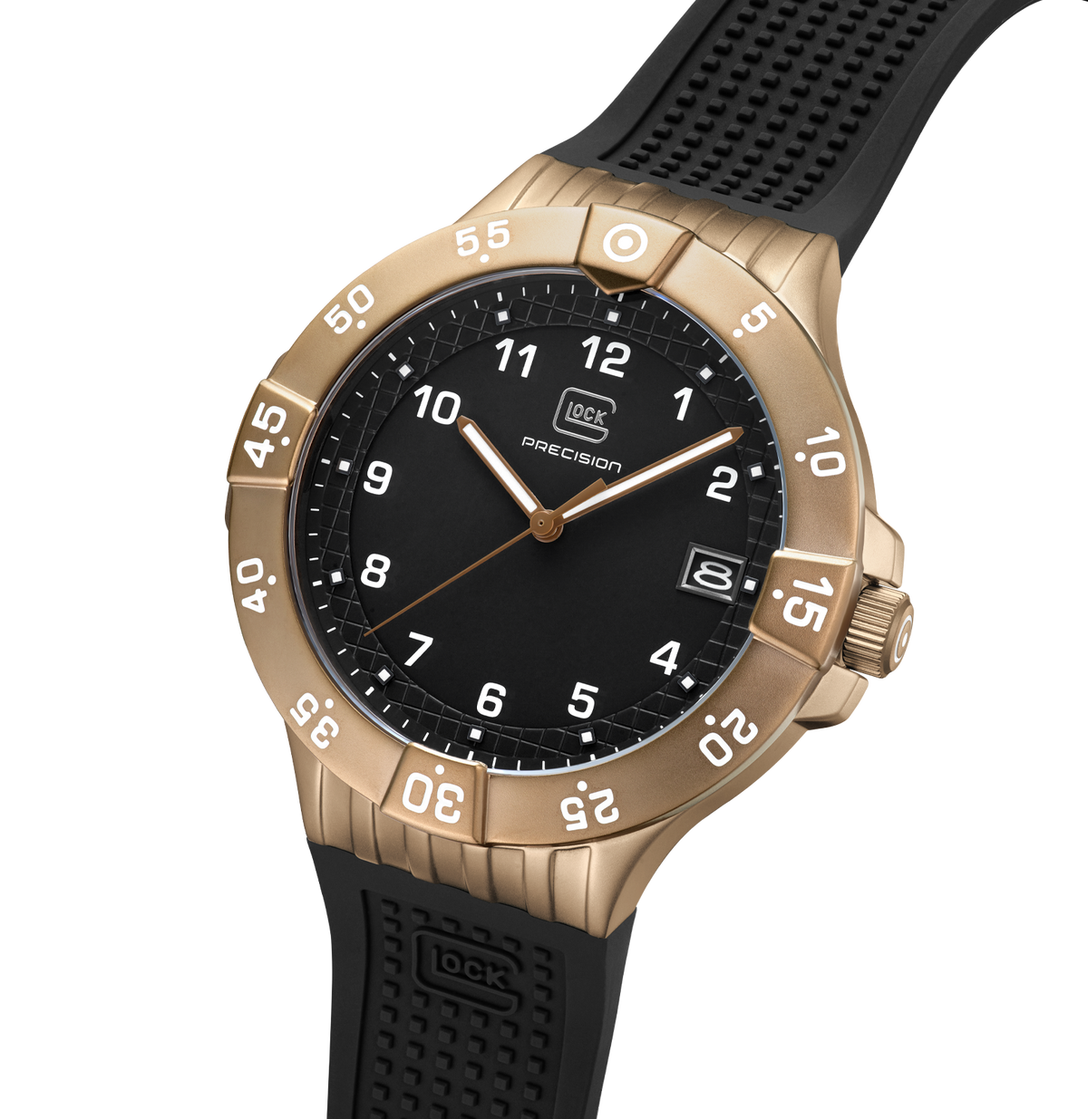 GLOCK Rotating-Bezel Watch in Coyote Steel, Black Dial, Black Strap