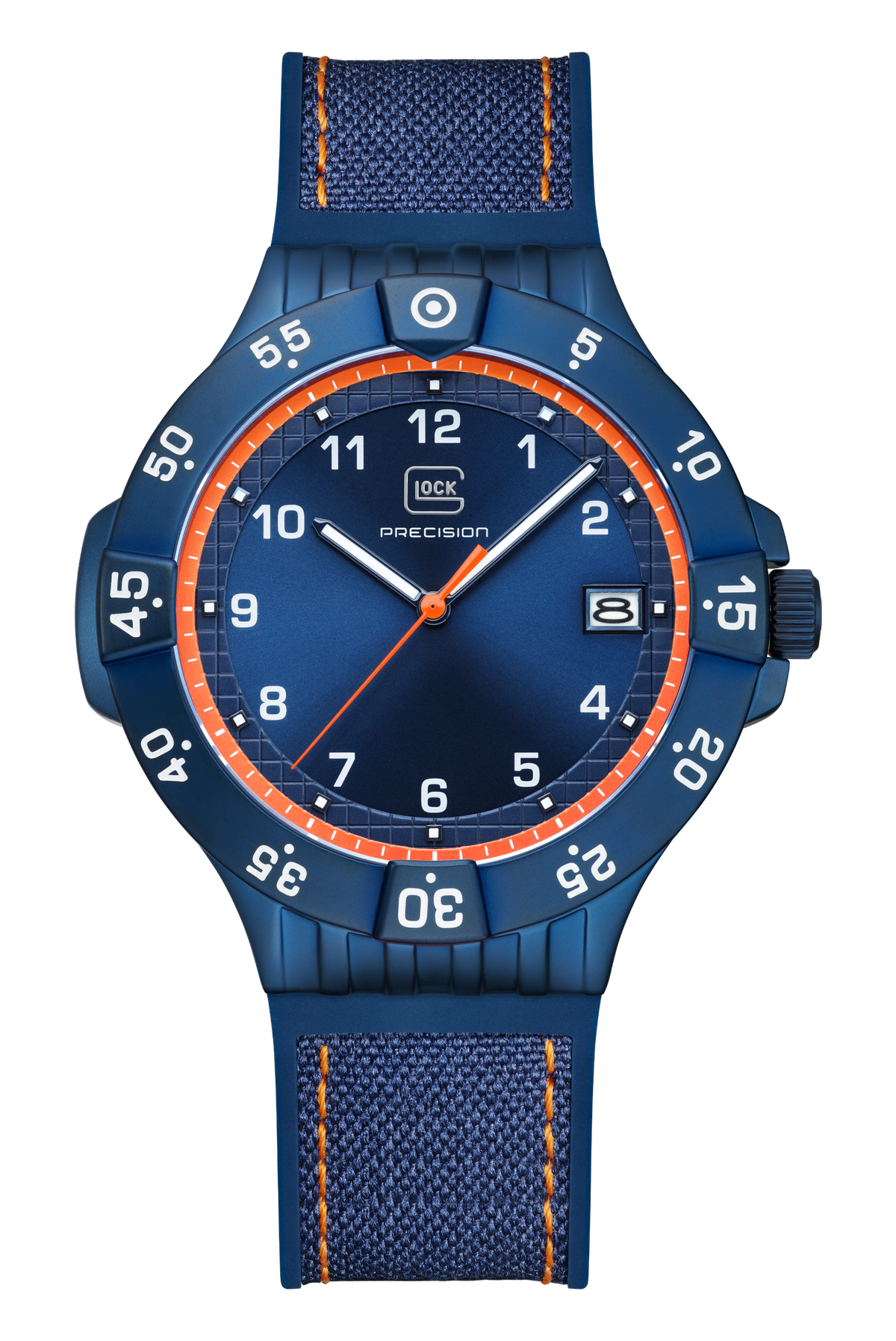 GLOCK Limited Edition Rotating-Bezel Watch in Dark Blue Steel, Blue Dial, Orange Strap
