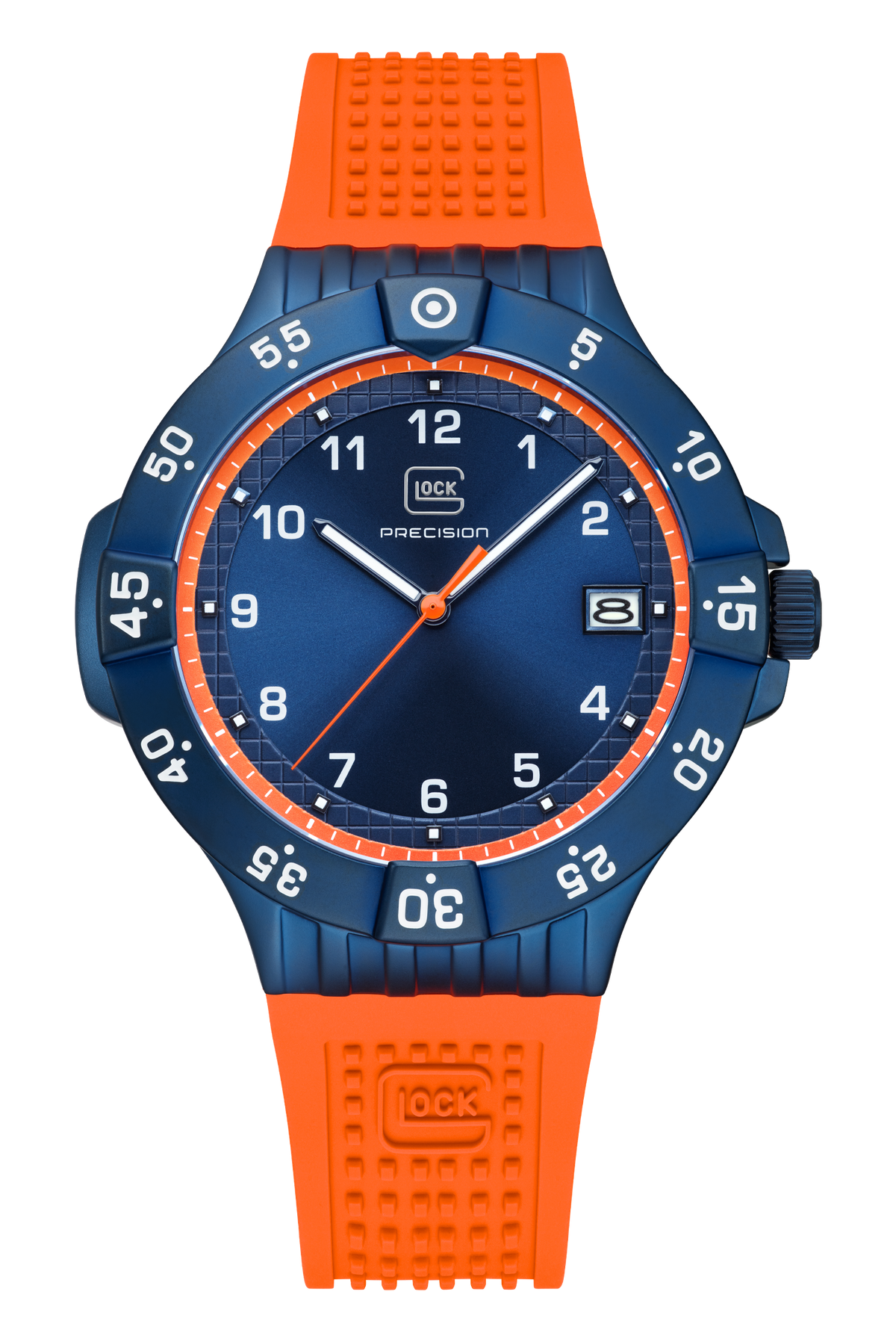GLOCK Limited Edition Rotating-Bezel Watch in Dark Blue Steel, Blue Dial, Orange Strap