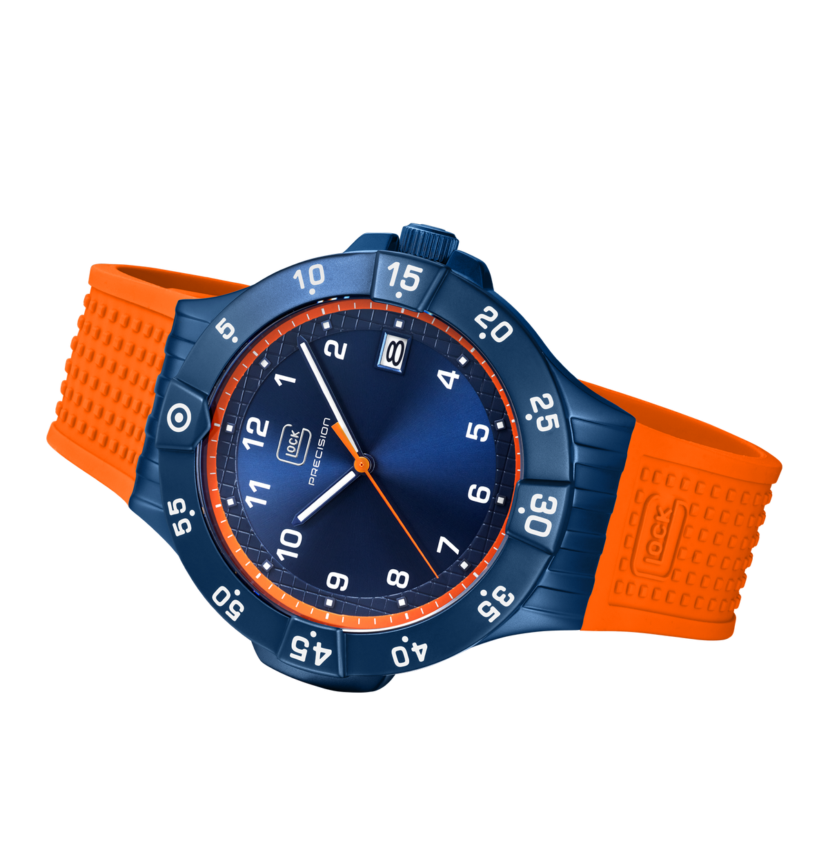 GLOCK Limited Edition Rotating-Bezel Watch in Dark Blue Steel, Blue Dial, Orange Strap