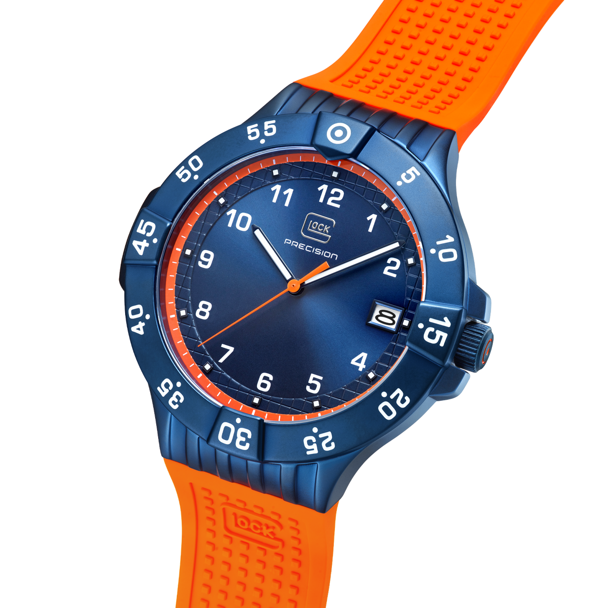 GLOCK Limited Edition Rotating-Bezel Watch in Dark Blue Steel, Blue Dial, Orange Strap