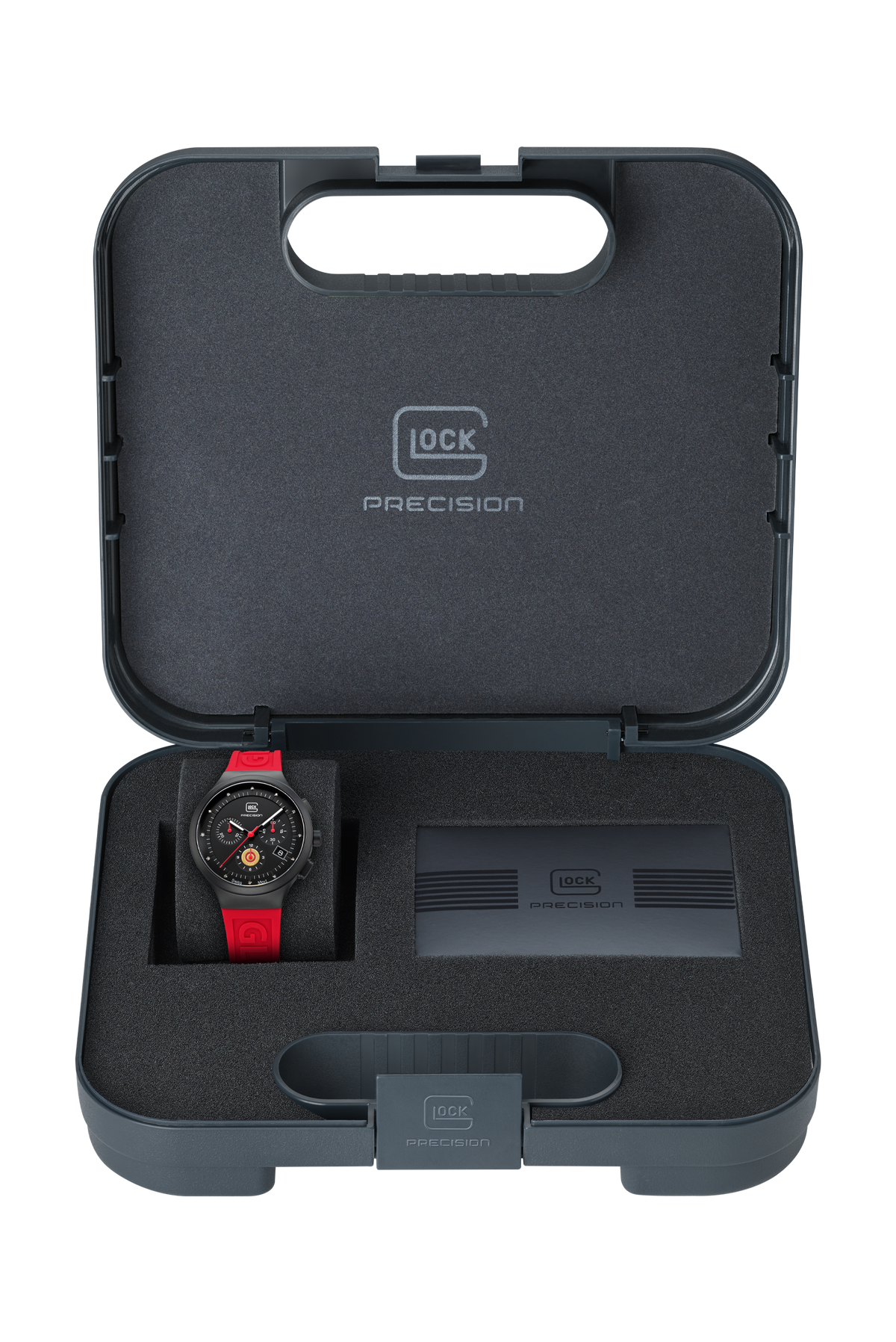GLOCK Diamond Chronograph Watch in Black Steel, Black Dial, Red Strap