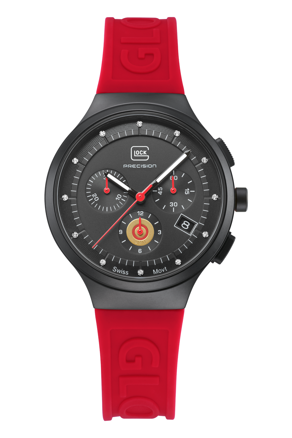 GLOCK Diamond Chronograph Watch in Black Steel, Black Dial, Red Strap