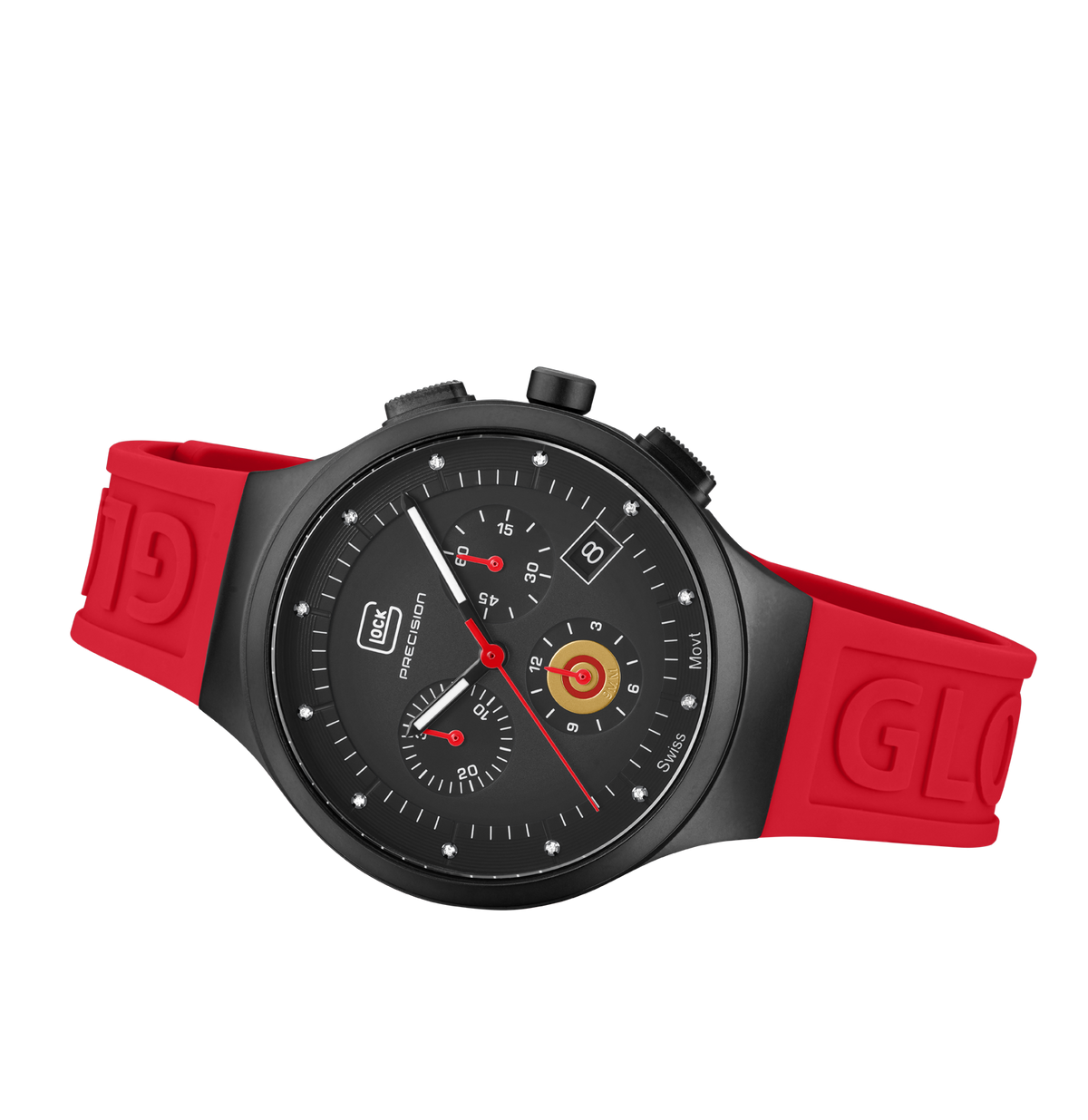 GLOCK Diamond Chronograph Watch in Black Steel, Black Dial, Red Strap