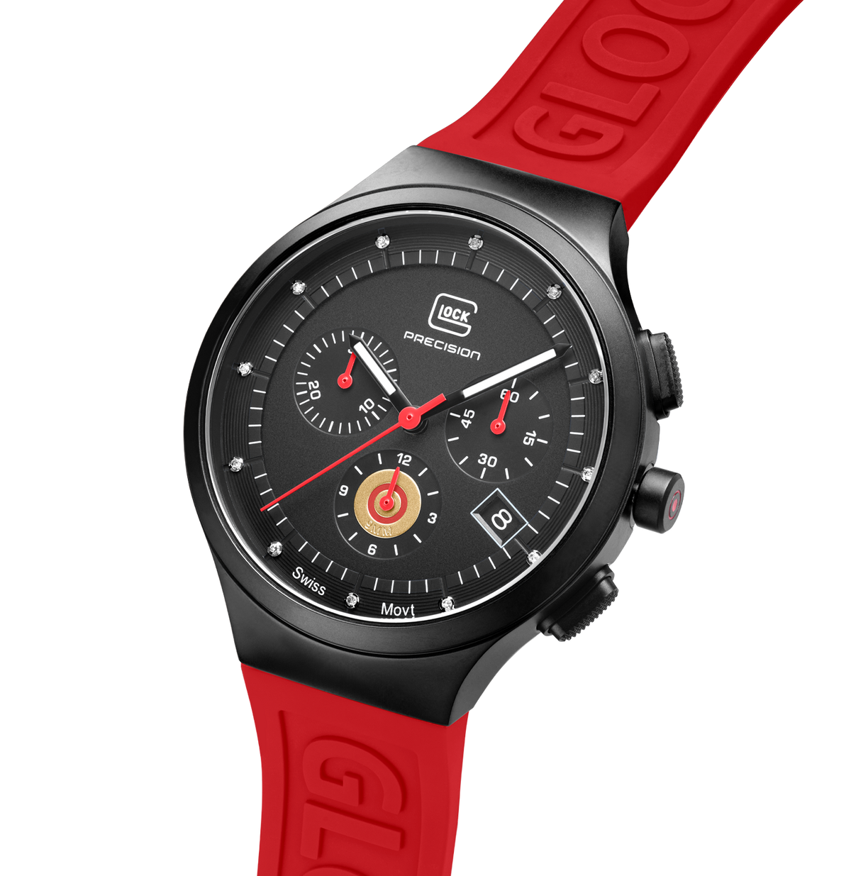 GLOCK Diamond Chronograph Watch in Black Steel, Black Dial, Red Strap