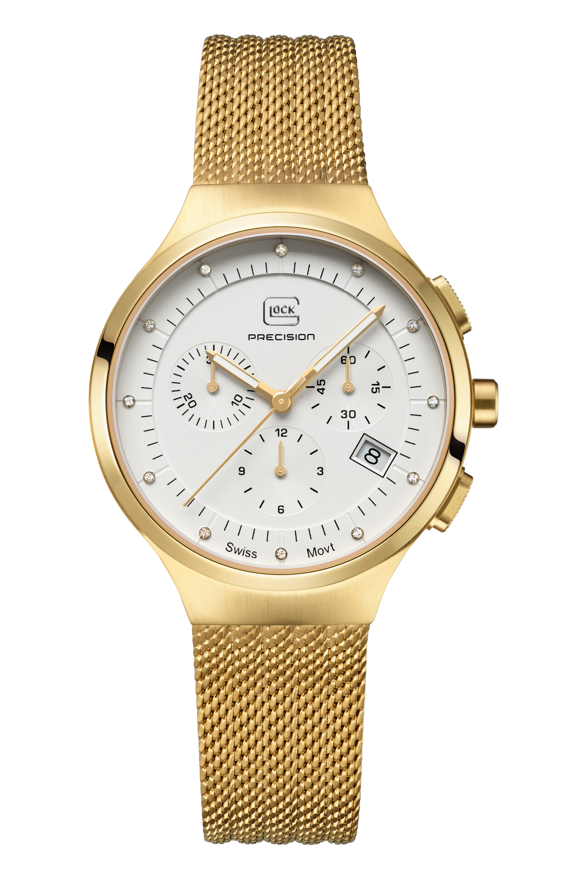 GLOCK Diamond Chronograph Watch in Gold-Tone Steel, White Dial, Gold-Tone Bracelet