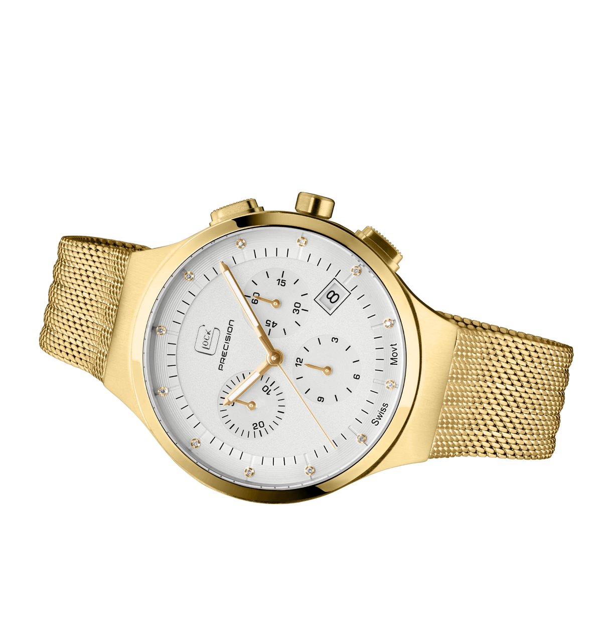 GLOCK Diamond Chronograph Watch in Gold-Tone Steel, White Dial, Gold-Tone Bracelet