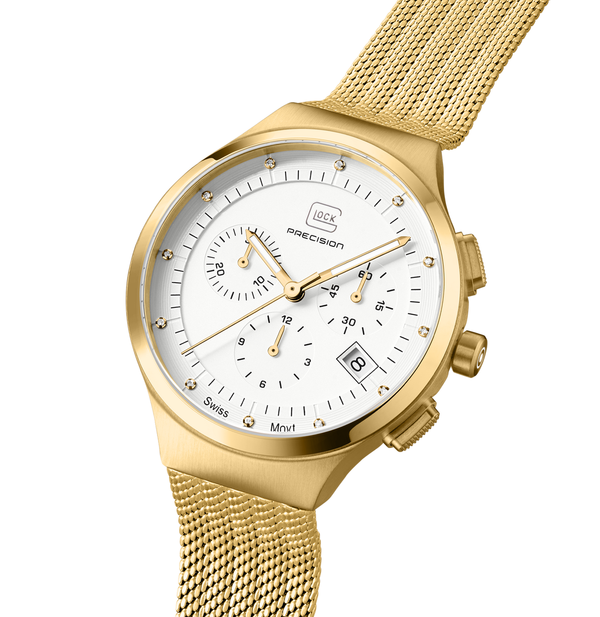 GLOCK Diamond Chronograph Watch in Gold-Tone Steel, White Dial, Gold-Tone Bracelet