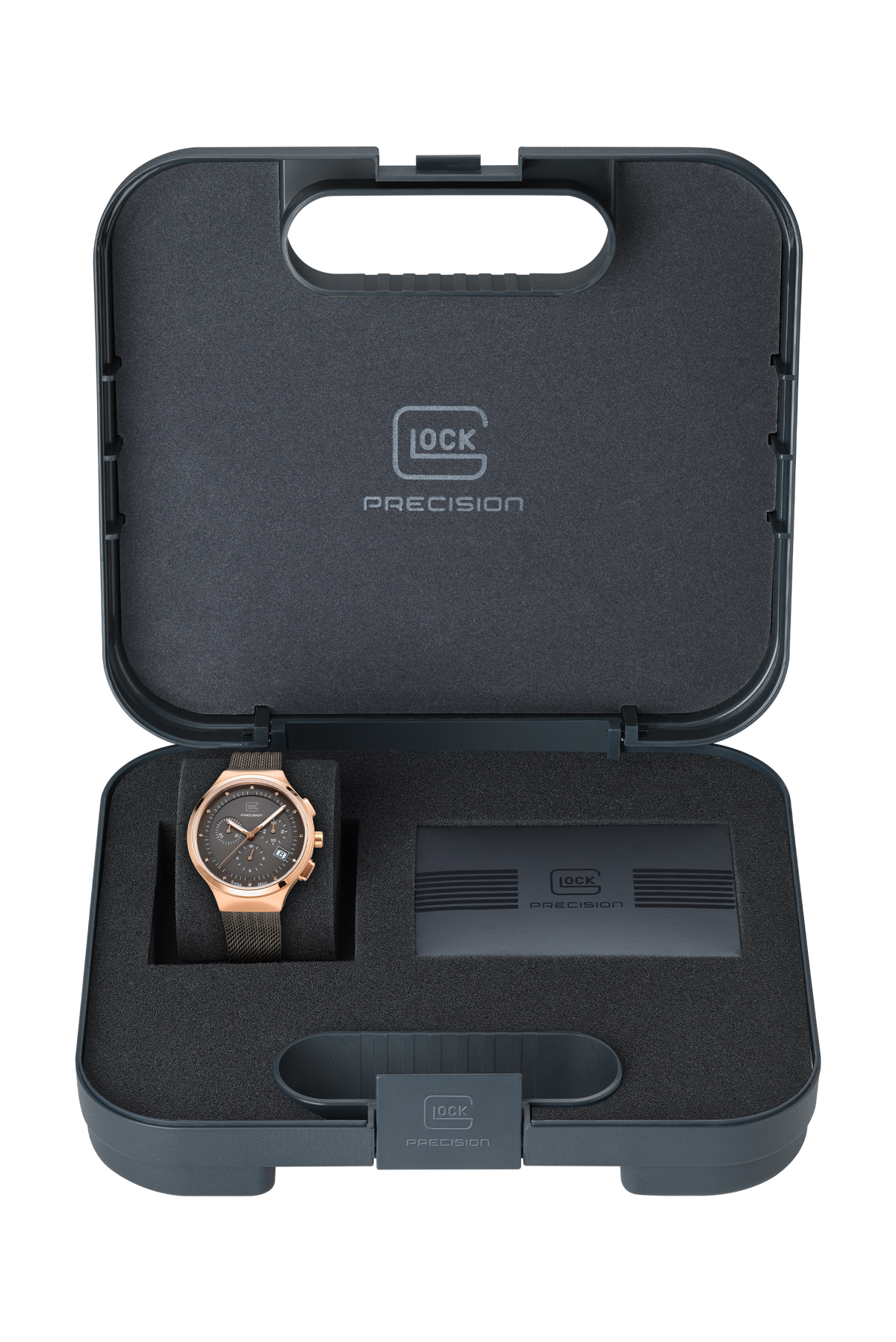 GLOCK Diamond Chronograph Watch in Rose Gold-Tone Steel, Gunmetal Dial, Gunmetal Bracelet