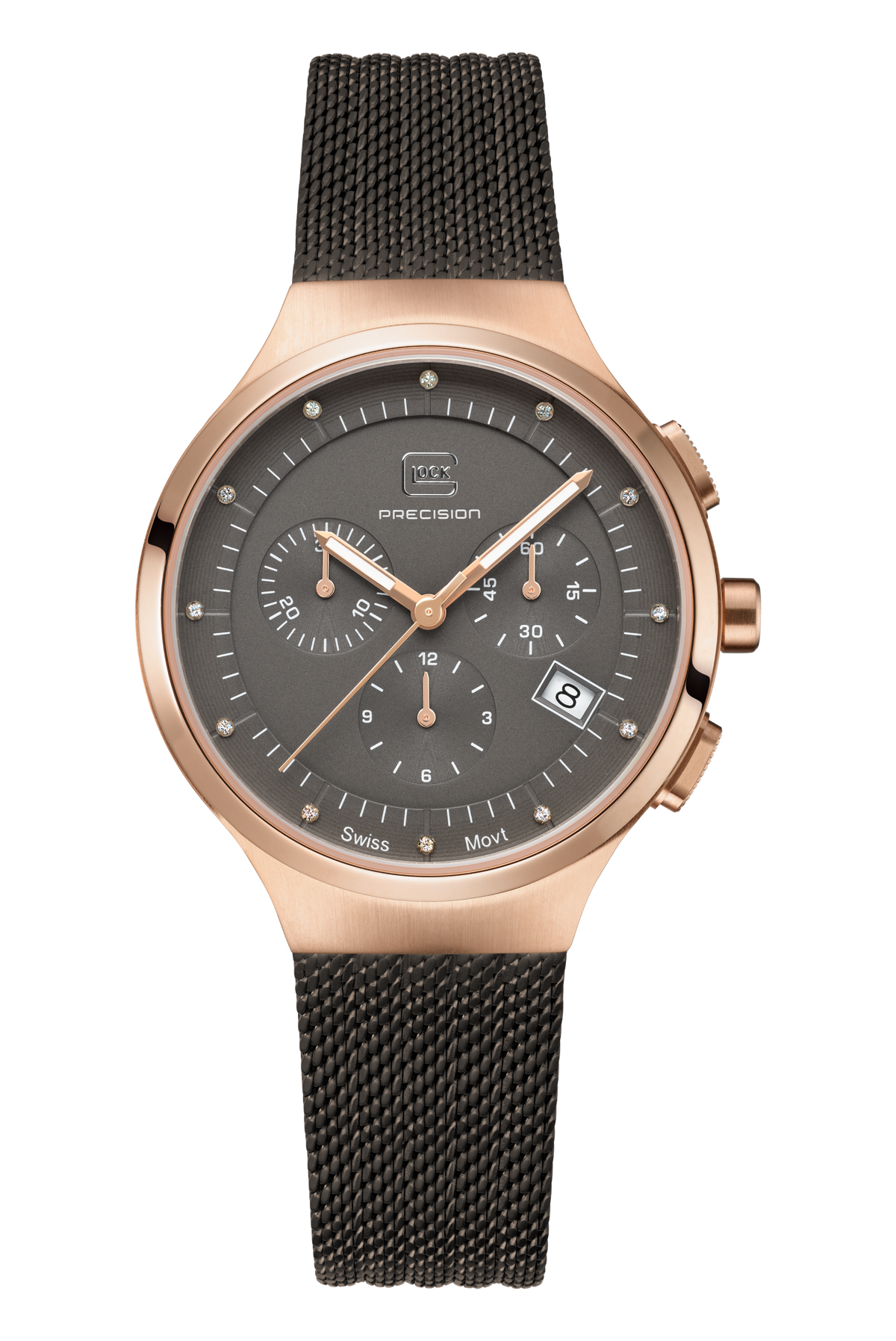 GLOCK Diamond Chronograph Watch in Rose Gold-Tone Steel, Gunmetal Dial, Gunmetal Bracelet