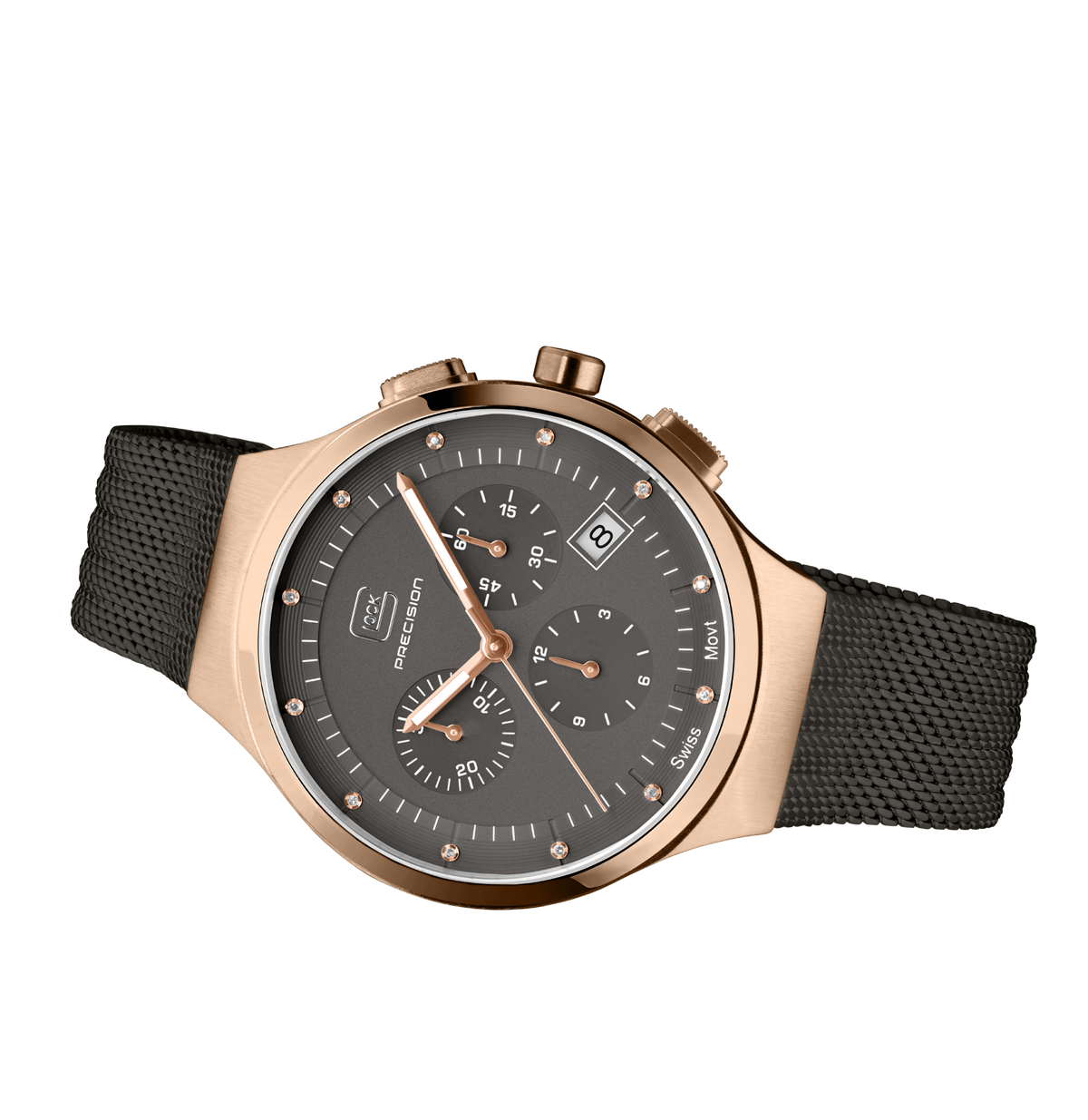 GLOCK Diamond Chronograph Watch in Rose Gold-Tone Steel, Gunmetal Dial, Gunmetal Bracelet