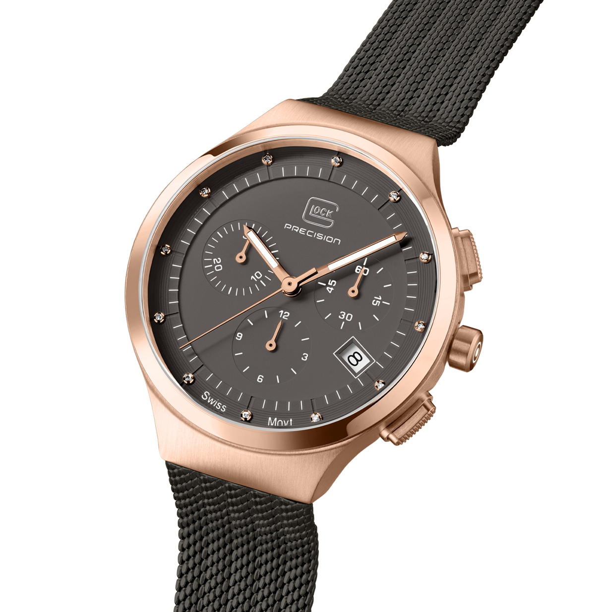 GLOCK Diamond Chronograph Watch in Rose Gold-Tone Steel, Gunmetal Dial, Gunmetal Bracelet