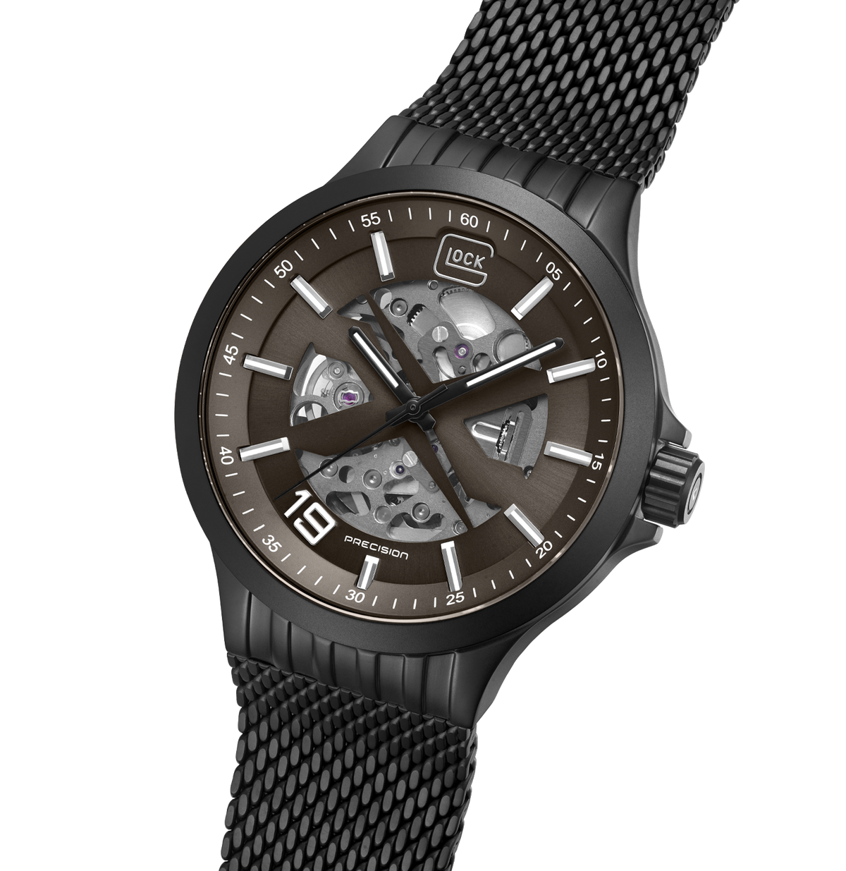 GLOCK Skeleton Automatic Watch in Black Steel, Coyote Dial, Black Bracelet