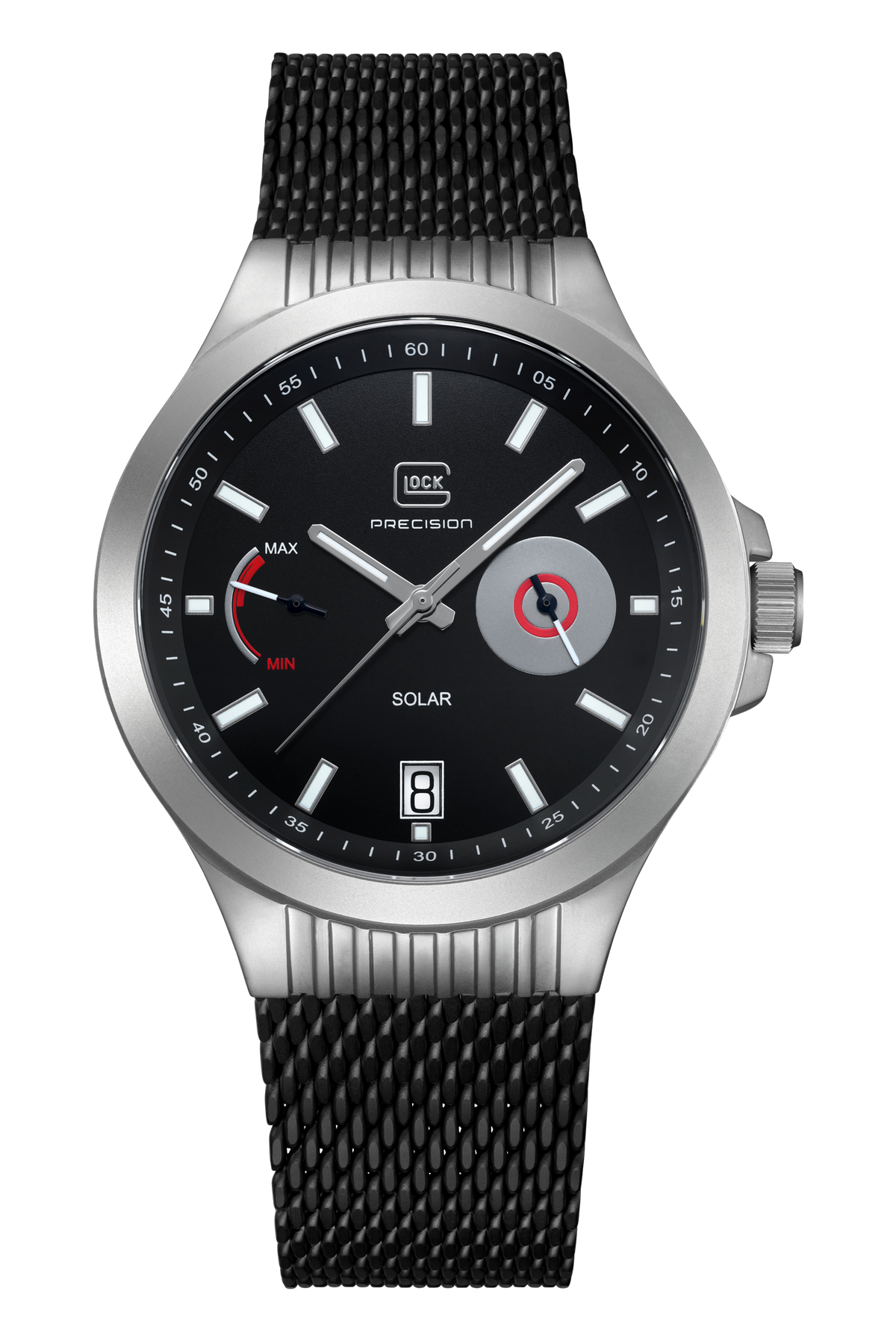 GLOCK Solar Watch in Stainless Steel, Black Dial, Black Bracelet