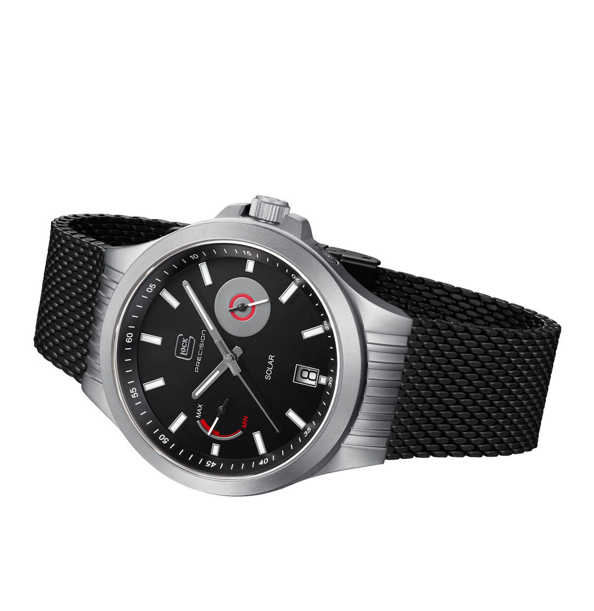 GLOCK Solar Watch in Stainless Steel, Black Dial, Black Bracelet