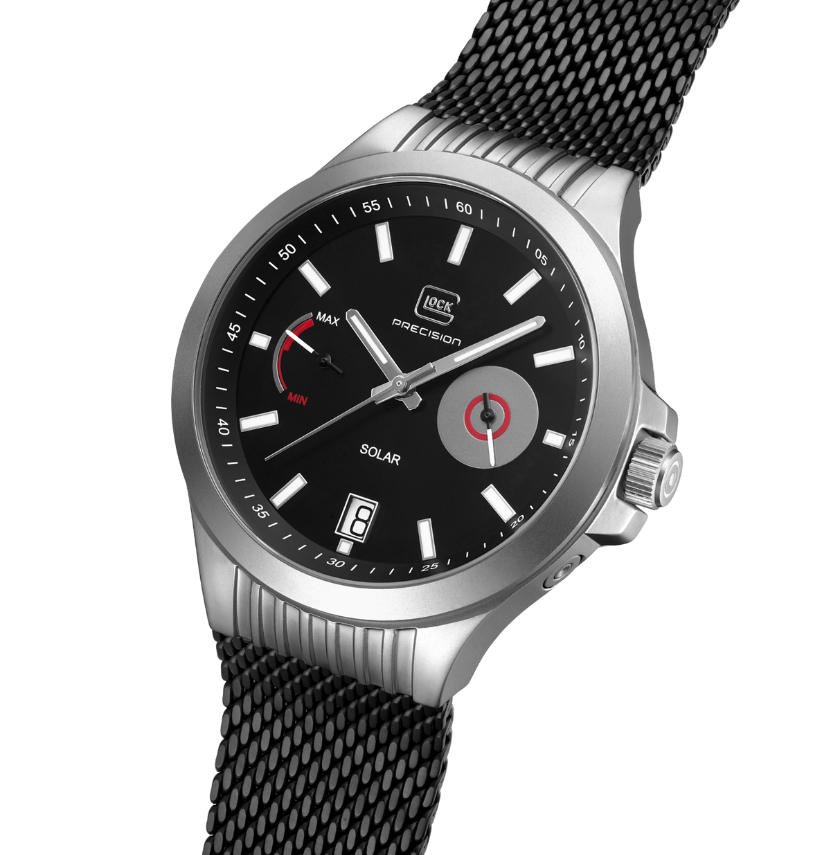 GLOCK Solar Watch in Stainless Steel, Black Dial, Black Bracelet