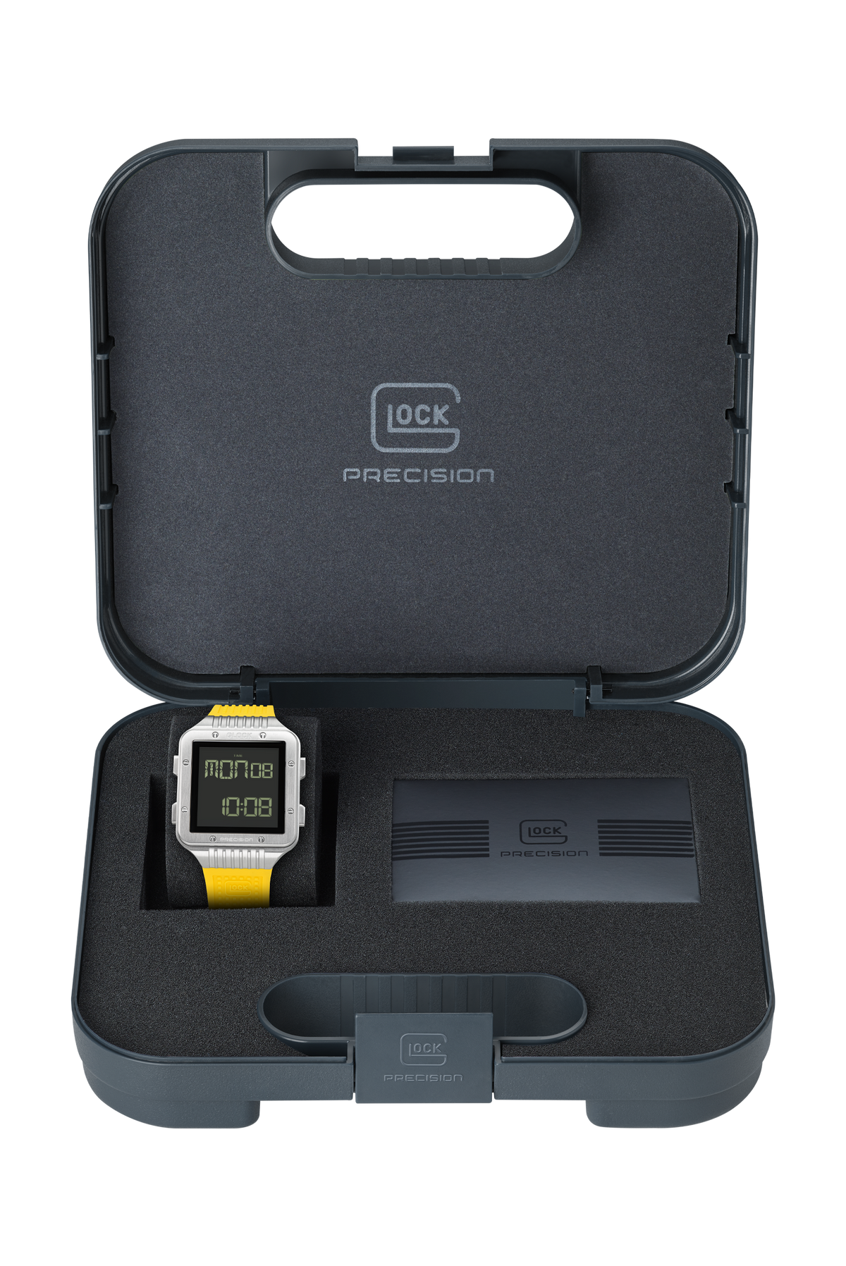 GLOCK Digital Chronograph Watch in Stainless Steel, Black Dial, Yellow Strap