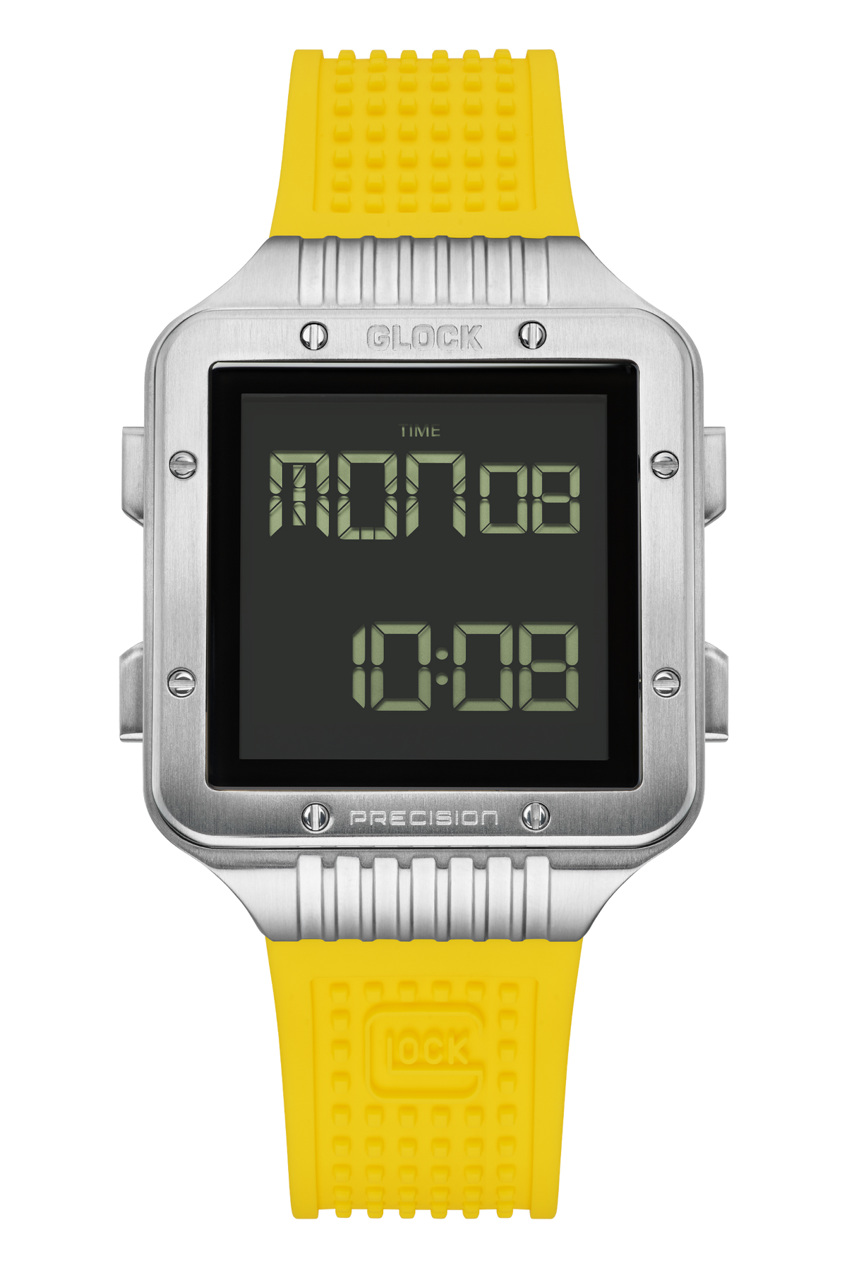 GLOCK Digital Chronograph Watch in Stainless Steel, Black Dial, Yellow Strap