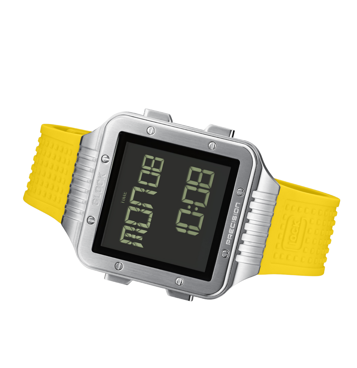 GLOCK Digital Chronograph Watch in Stainless Steel, Black Dial, Yellow Strap