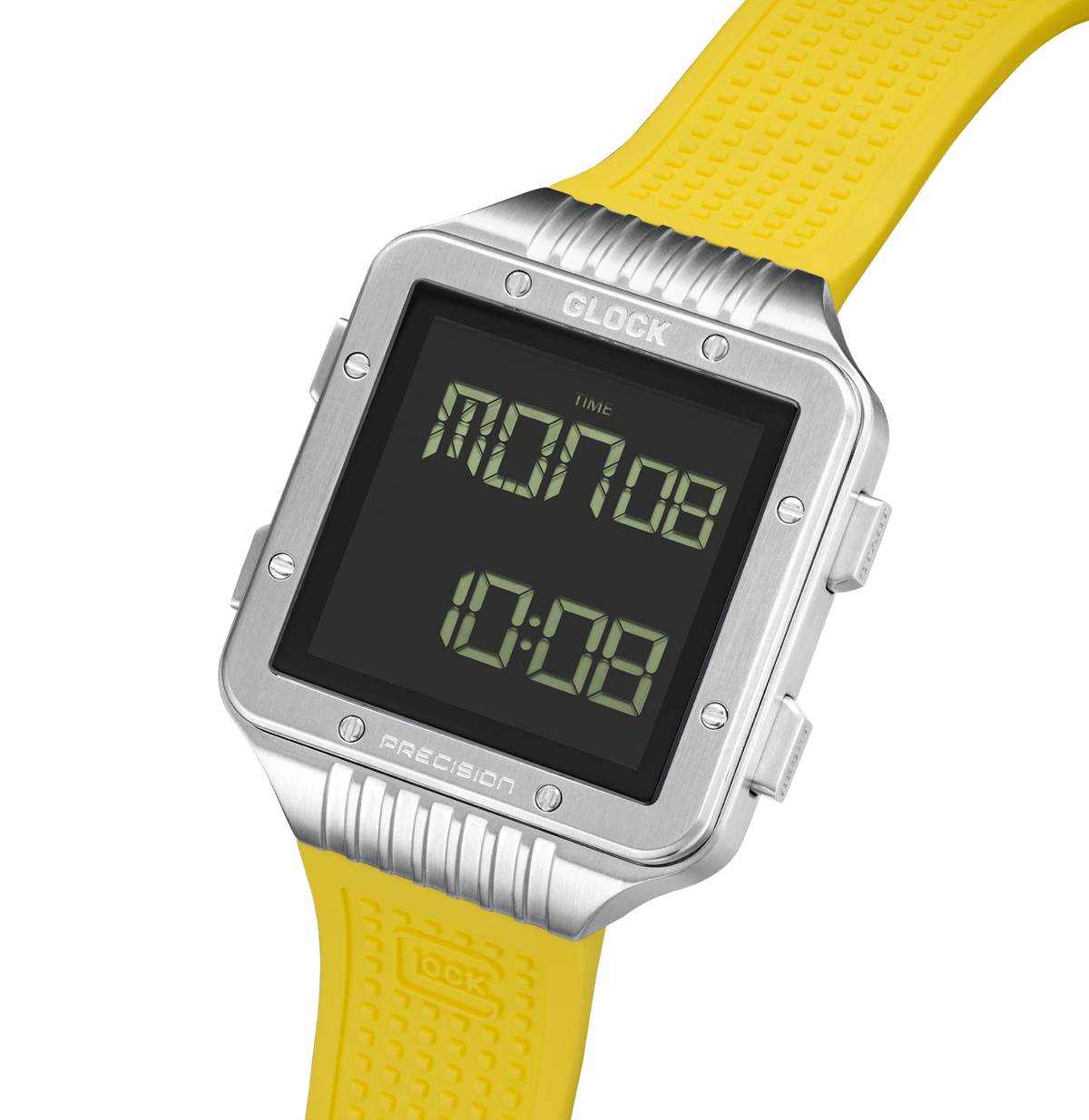 GLOCK Digital Chronograph Watch in Stainless Steel, Black Dial, Yellow Strap