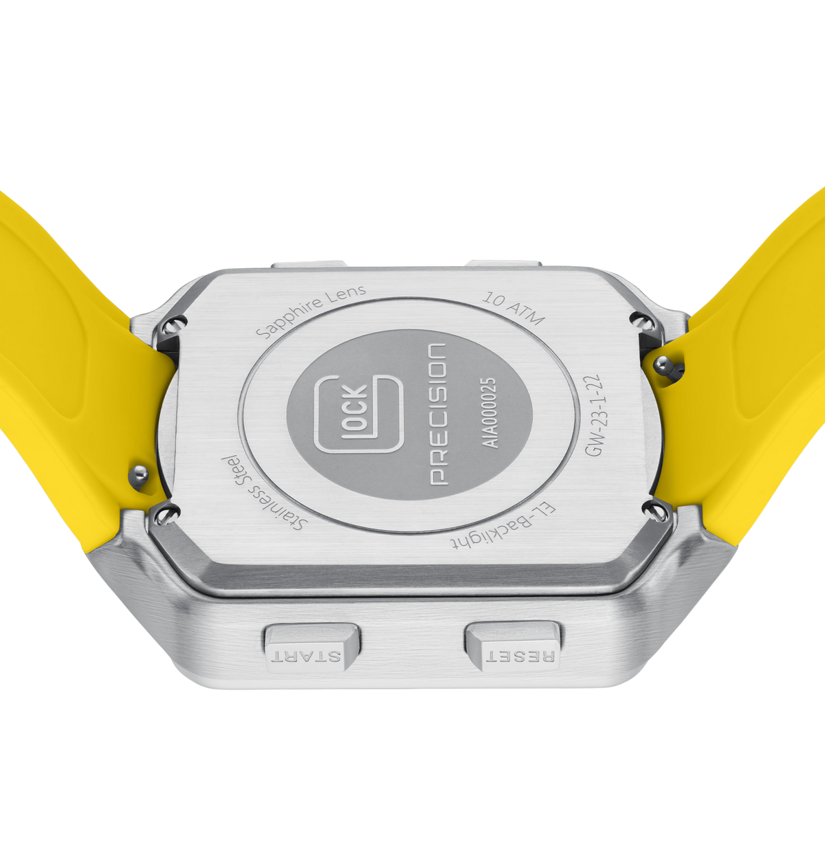 GLOCK Digital Chronograph Watch in Stainless Steel, Black Dial, Yellow Strap