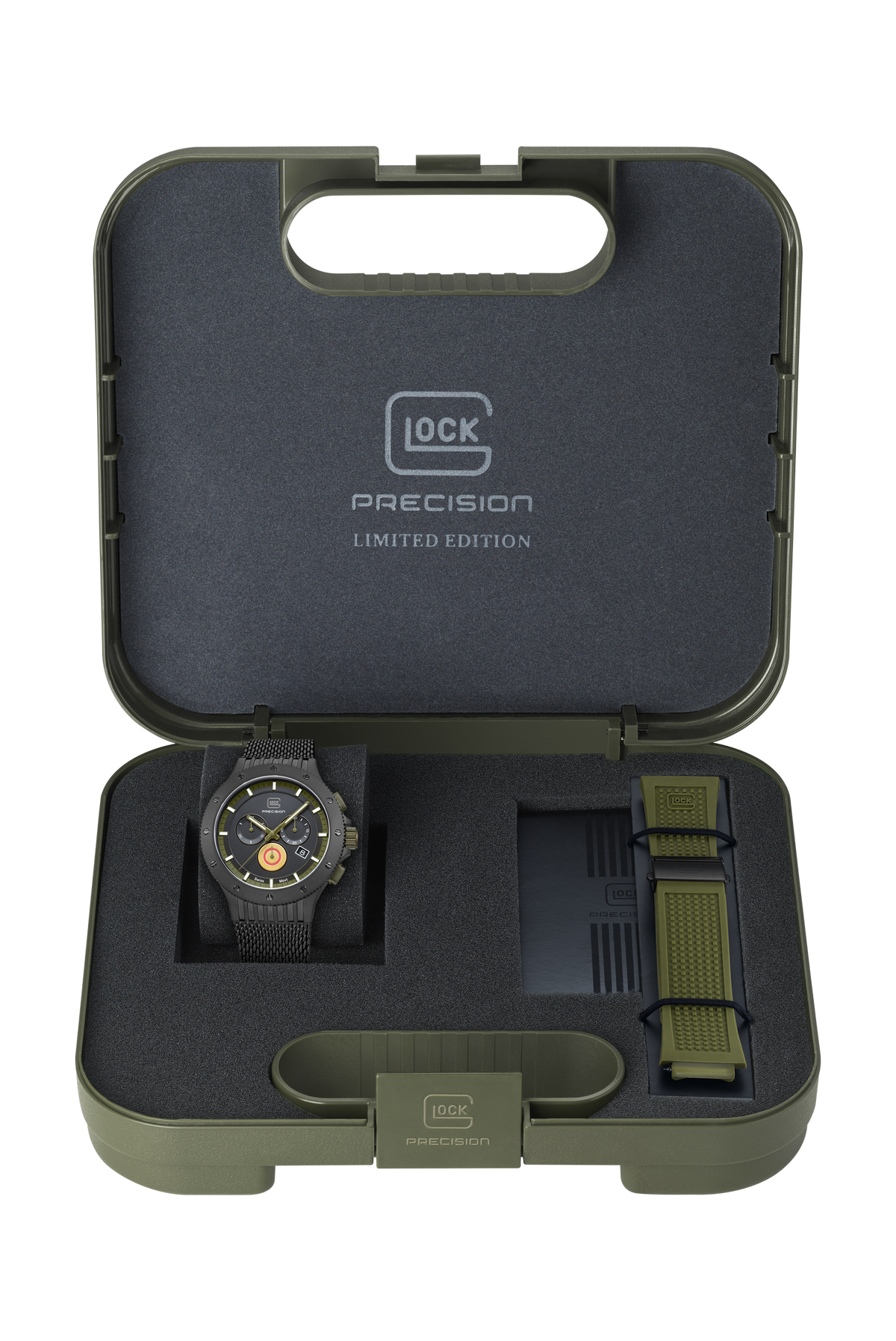 GLOCK Limited Edition Titanium Chronograph Watch in Black Titanium, Black Dial, Army Green Strap