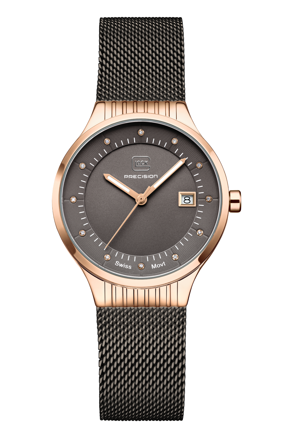 GLOCK Diamond Swiss Quartz Watch in Rose Gold-Tone Steel, Gunmetal Dial, Gunmetal Bracelet