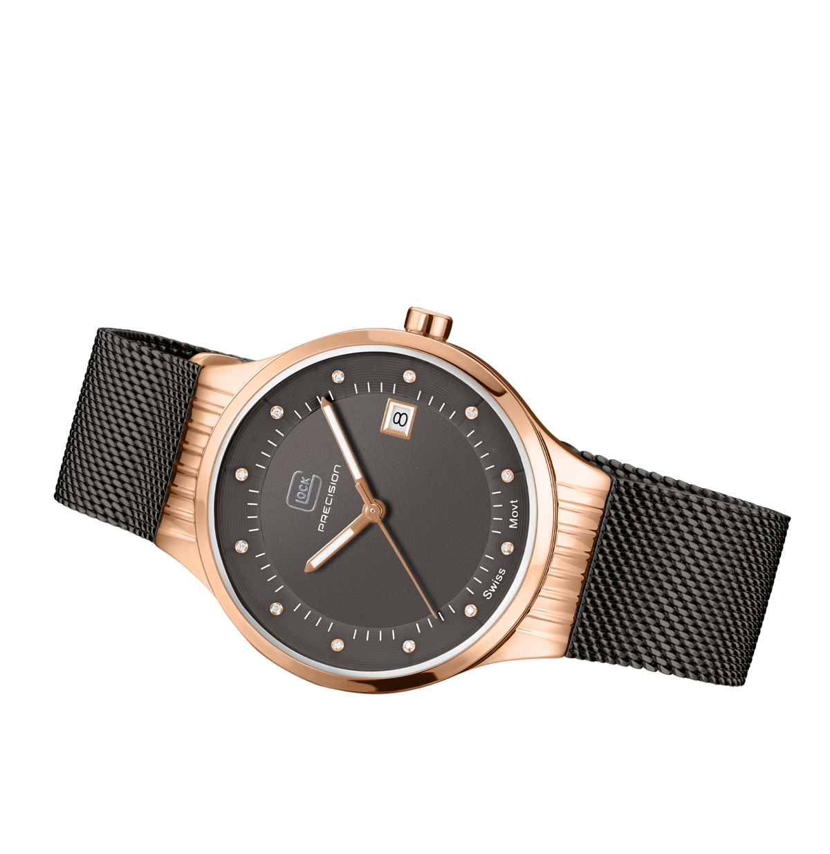 GLOCK Diamond Swiss Quartz Watch in Rose Gold-Tone Steel, Gunmetal Dial, Gunmetal Bracelet
