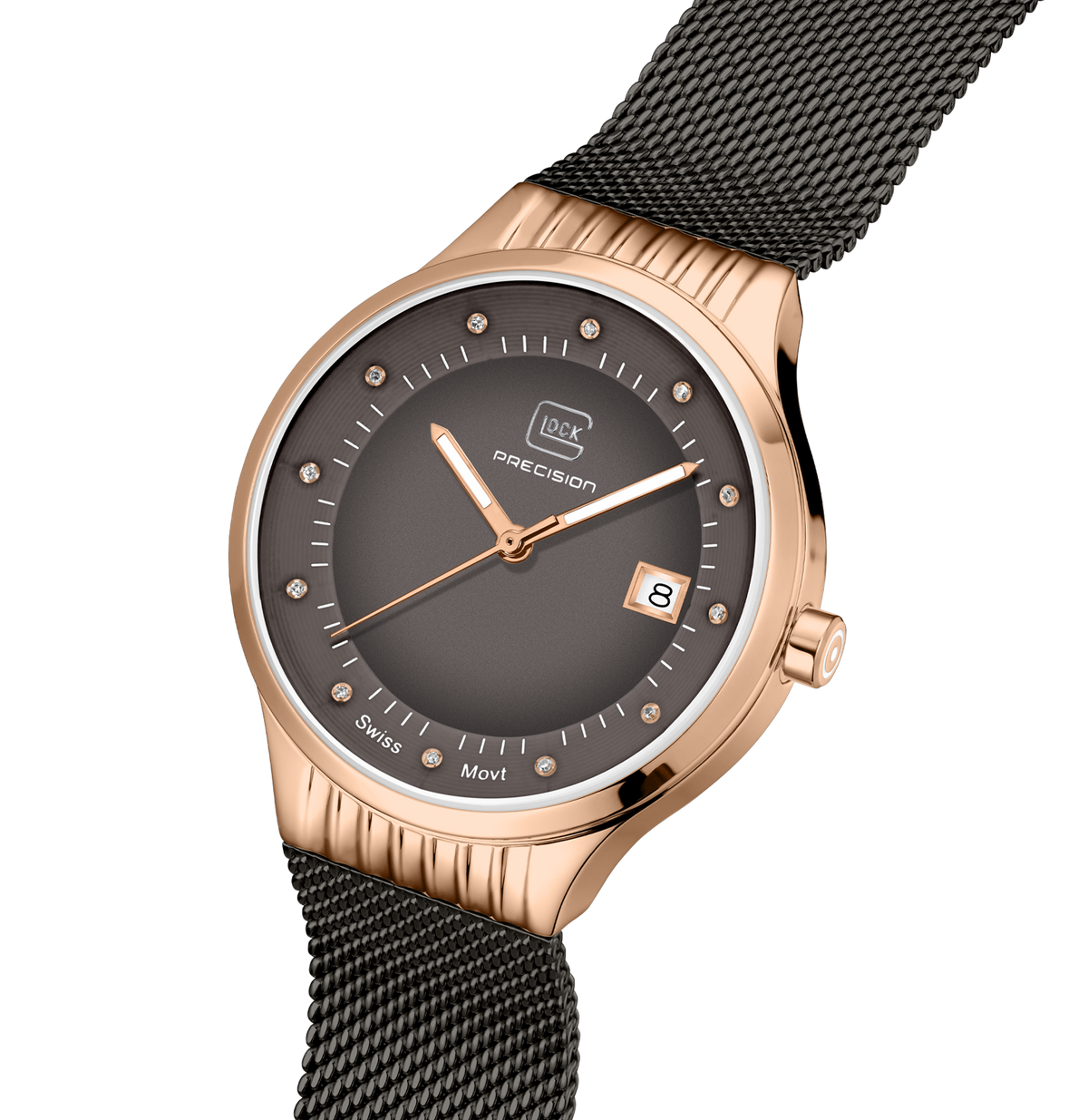 GLOCK Diamond Swiss Quartz Watch in Rose Gold-Tone Steel, Gunmetal Dial, Gunmetal Bracelet