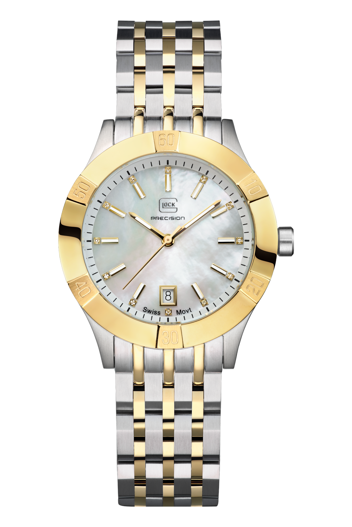 GLOCK Diamond Swiss Quartz Watch in Stainless Steel, White Mother of Pearl Dial, Bicolor Bracelet