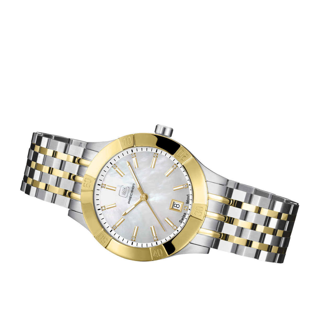 GLOCK Diamond Swiss Quartz Watch in Stainless Steel, White Mother of Pearl Dial, Bicolor Bracelet