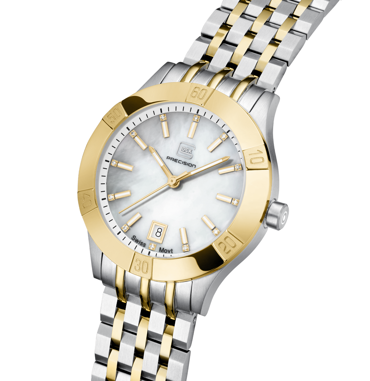 GLOCK Diamond Swiss Quartz Watch in Stainless Steel, White Mother of Pearl Dial, Bicolor Bracelet