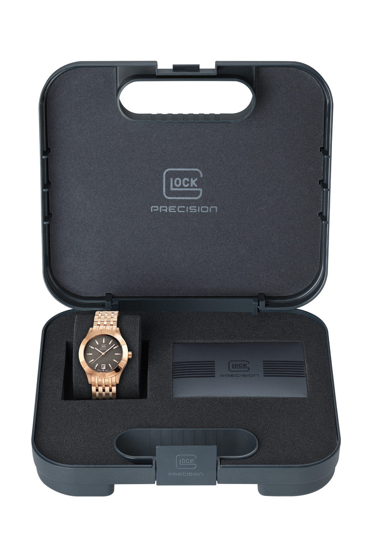 GLOCK Diamond Swiss Quartz Watch in Rose Gold-Tone Steel, Gunmetal Dial, Rose Gold-Tone Bracelet