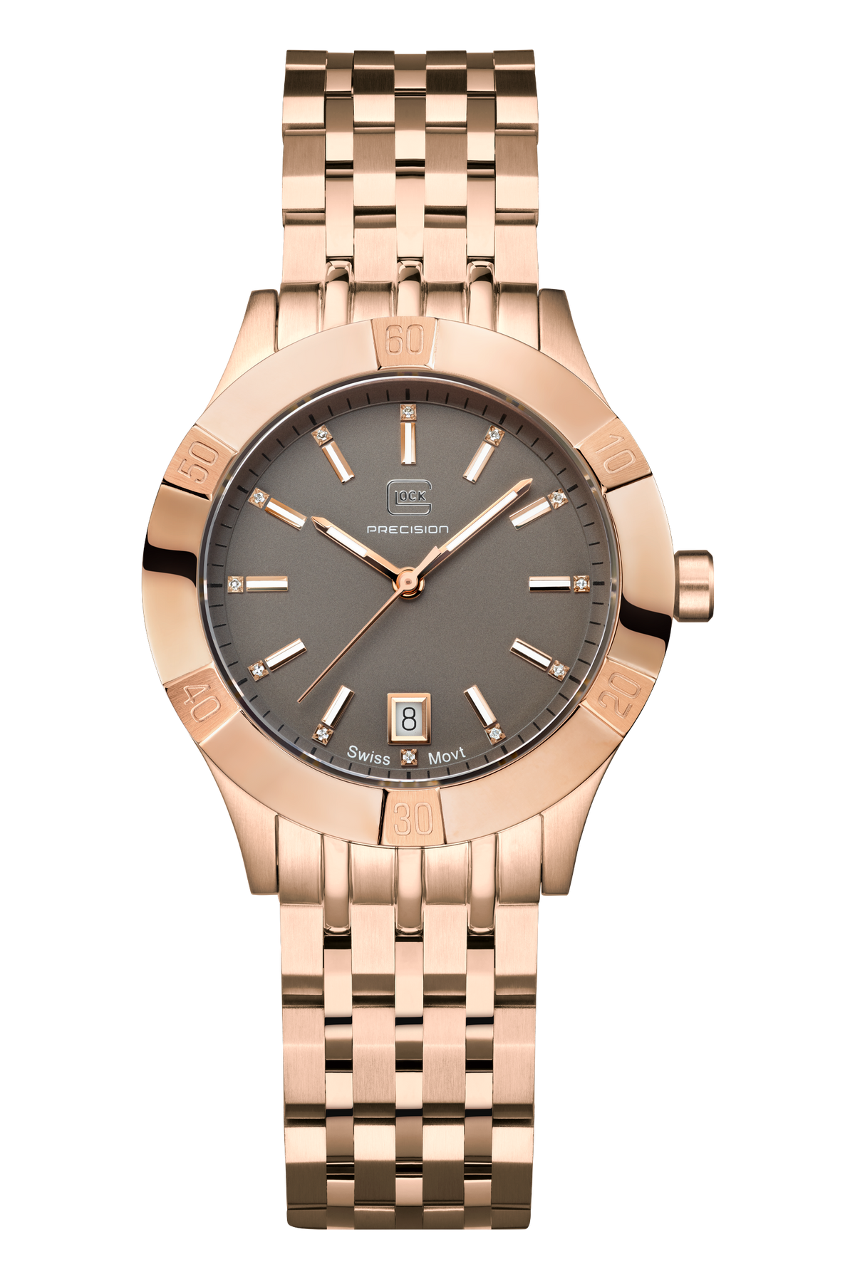 GLOCK Diamond Swiss Quartz Watch in Rose Gold-Tone Steel, Gunmetal Dial, Rose Gold-Tone Bracelet