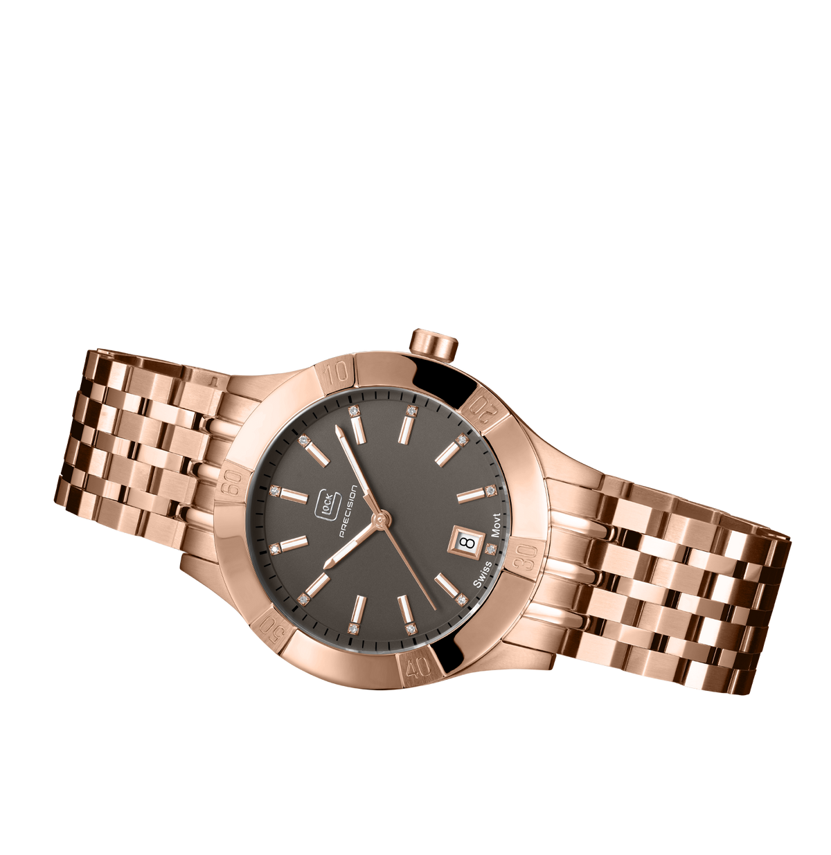 GLOCK Diamond Swiss Quartz Watch in Rose Gold-Tone Steel, Gunmetal Dial, Rose Gold-Tone Bracelet