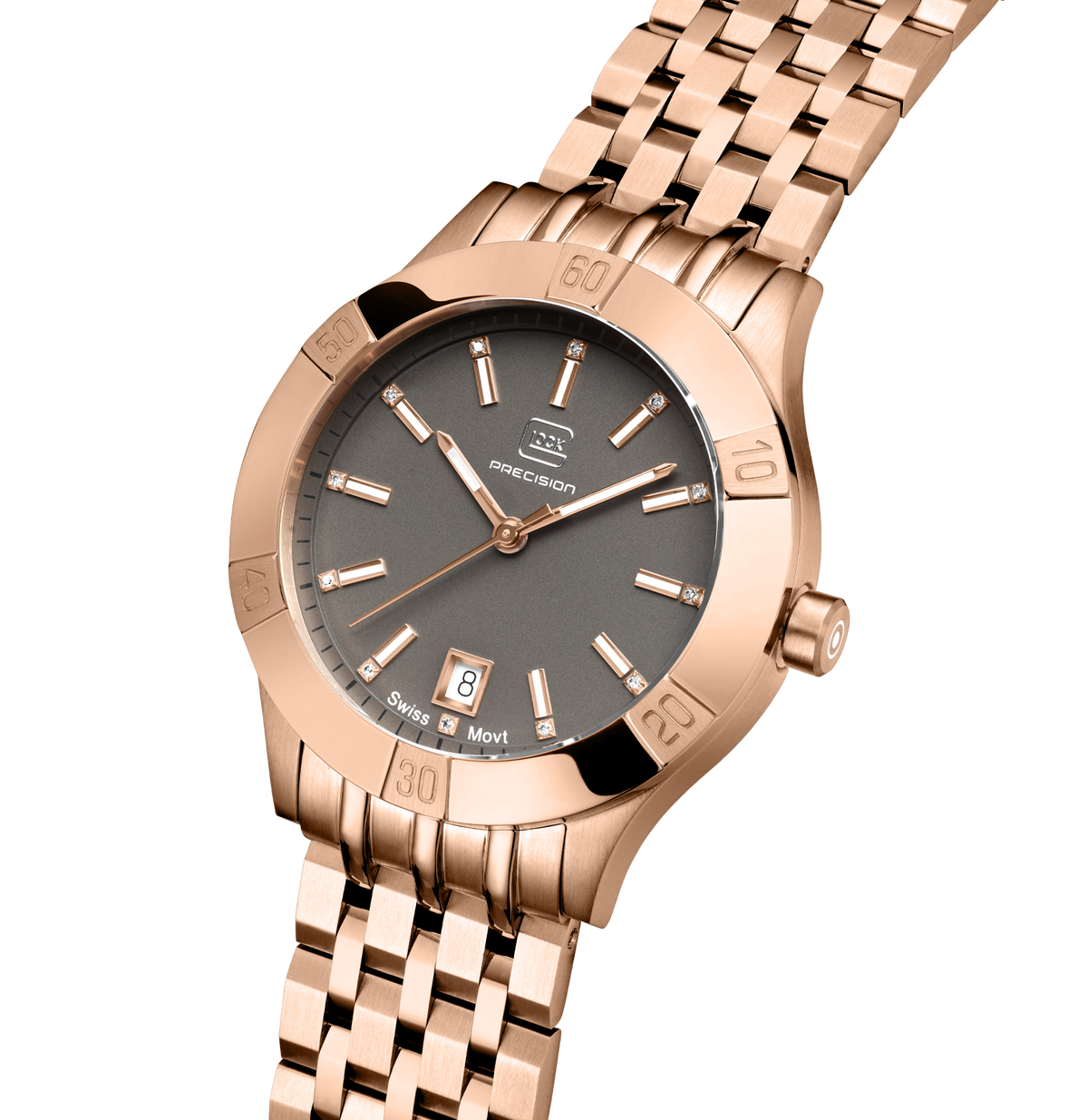 GLOCK Diamond Swiss Quartz Watch in Rose Gold-Tone Steel, Gunmetal Dial, Rose Gold-Tone Bracelet
