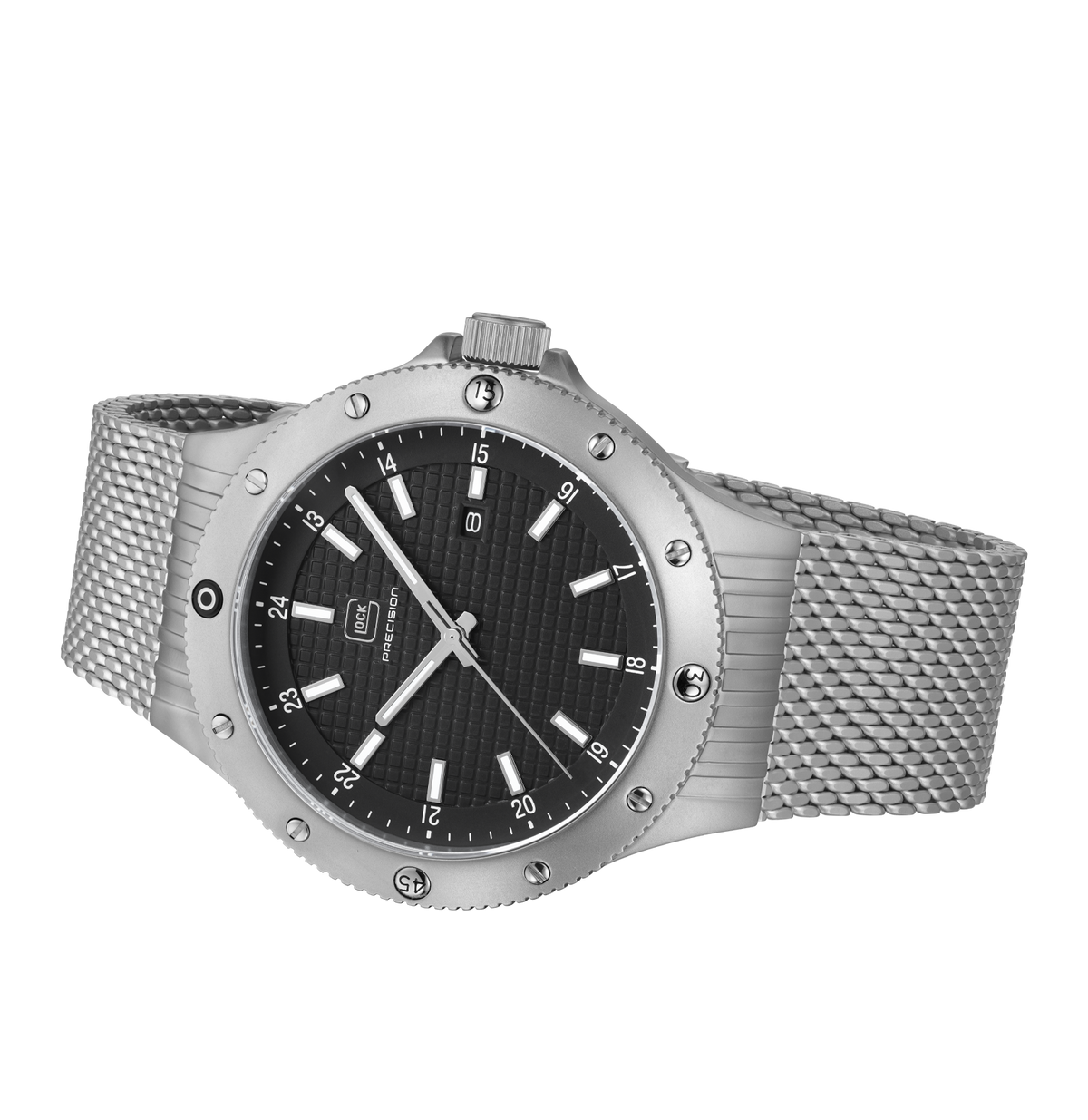 GLOCK Rotating-Bezel Watch in Stainless Steel, Black Dial, Silver-Tone Mesh Bracelet
