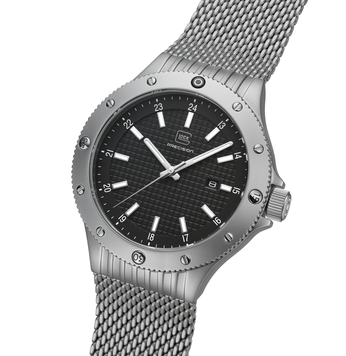 GLOCK Rotating-Bezel Watch in Stainless Steel, Black Dial, Silver-Tone Mesh Bracelet